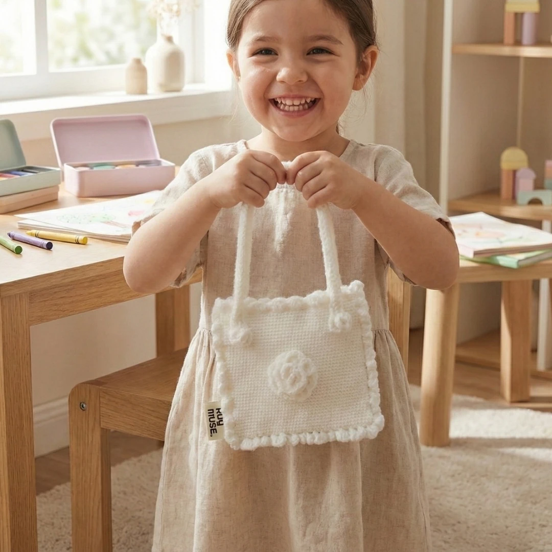 Snowy Rose - 3D Güllü Beyaz El Örgüsü Çocuk El Çantası