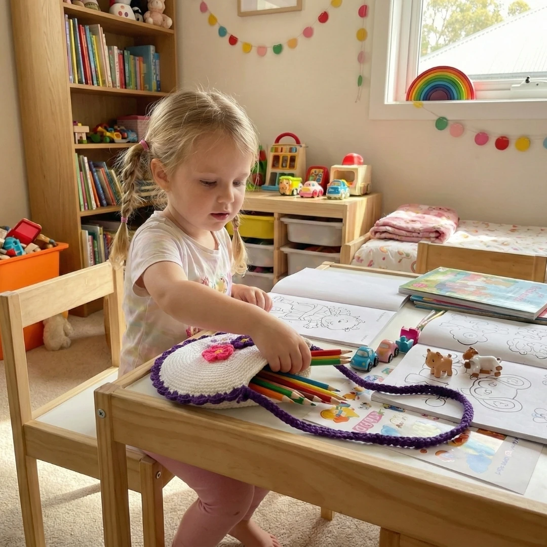 Violet Circle - Yuvarlak Çiçekli El Örgüsü Çocuk Çantası