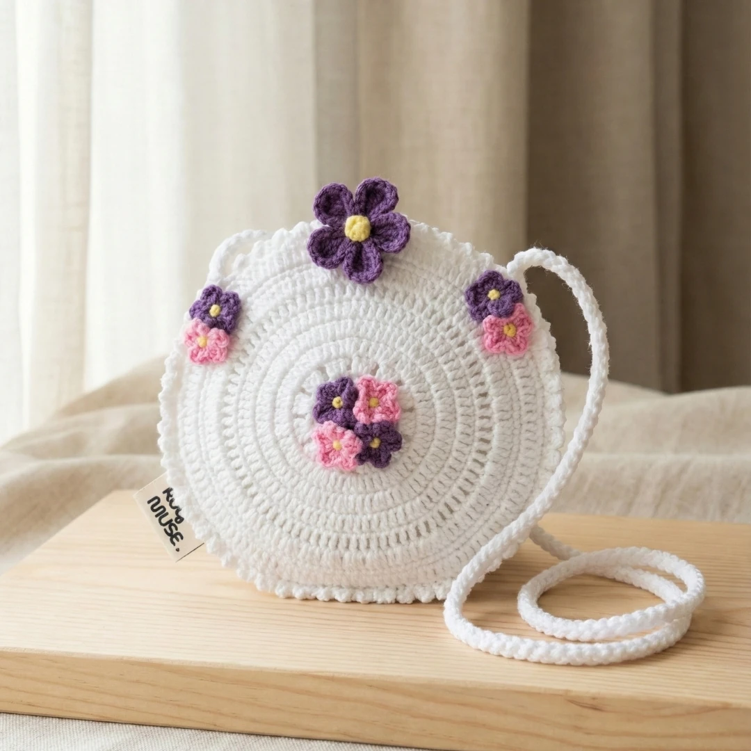 White Bouquet - Beyaz Çiçekli Yuvarlak Örgü Çocuk Çantası