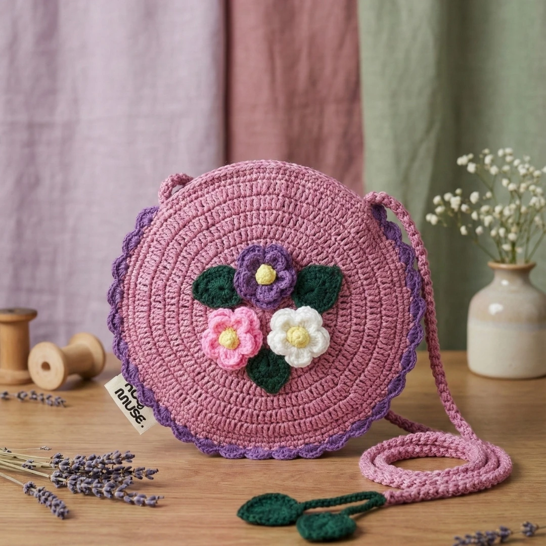 Rosy Garden - Yaprak Detaylı Yuvarlak Örgü Çocuk Çantası