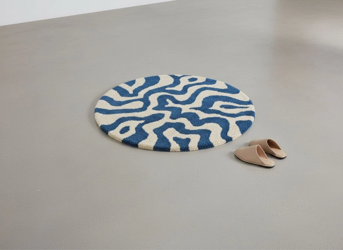 Dinamik Mavi ve Krem Soyut Desenli Cut Pile Yuvarlak Halı