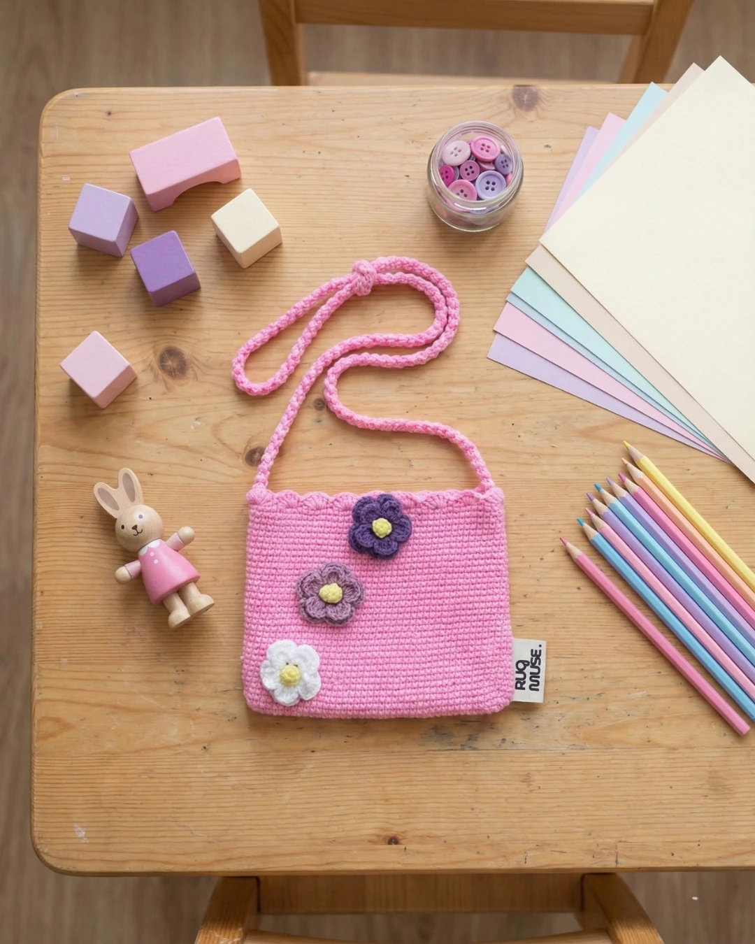 Pinky Bloom - 3D Çiçekli El Yapımı Örgü Çocuk Çantası