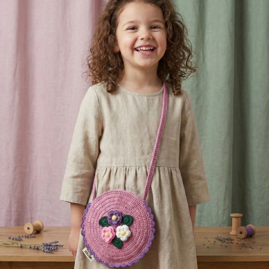 Rosy Garden - Yaprak Detaylı Yuvarlak Örgü Çocuk Çantası