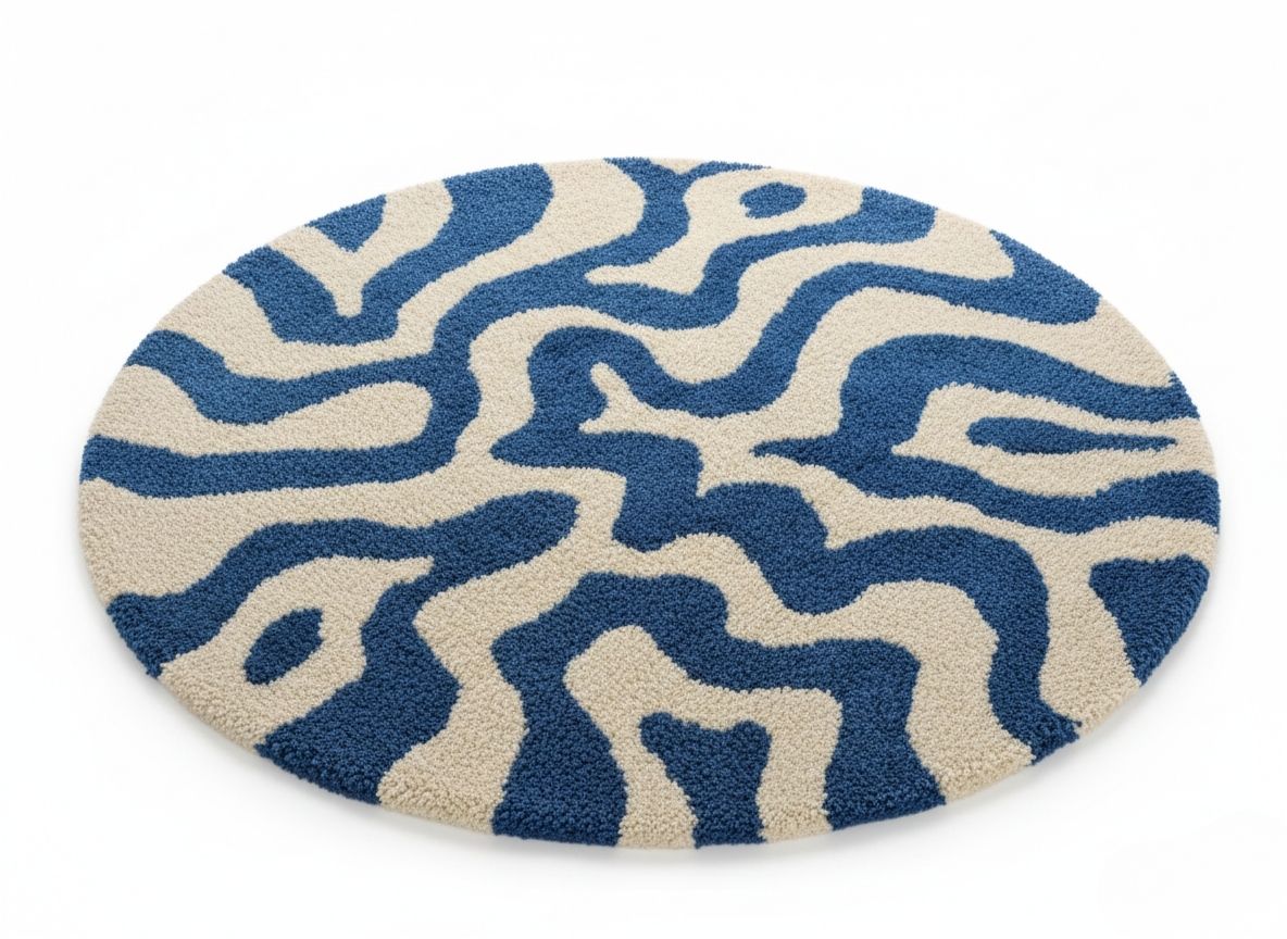 Dinamik Mavi ve Krem Soyut Desenli Cut Pile Yuvarlak Halı