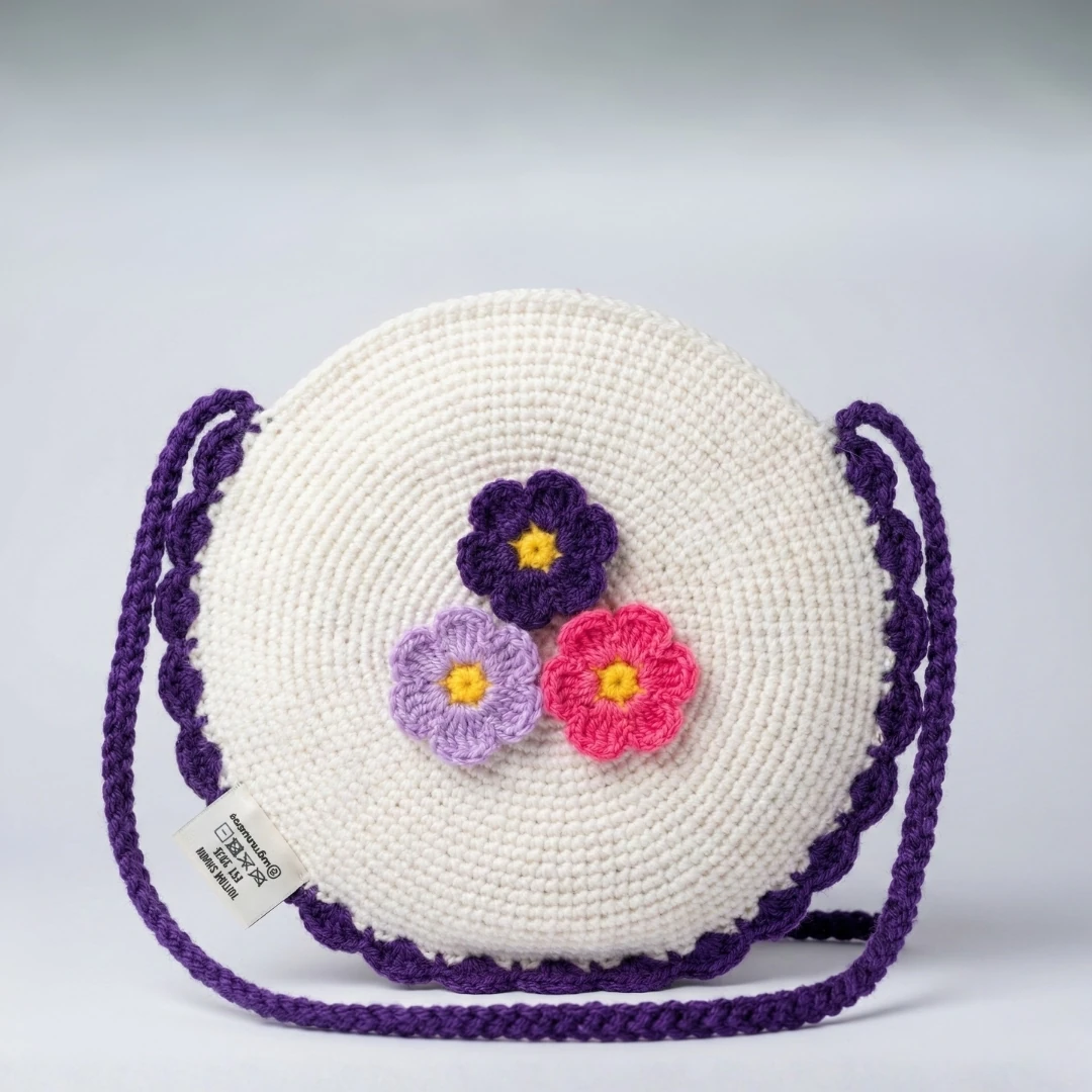 Violet Circle - Yuvarlak Çiçekli El Örgüsü Çocuk Çantası