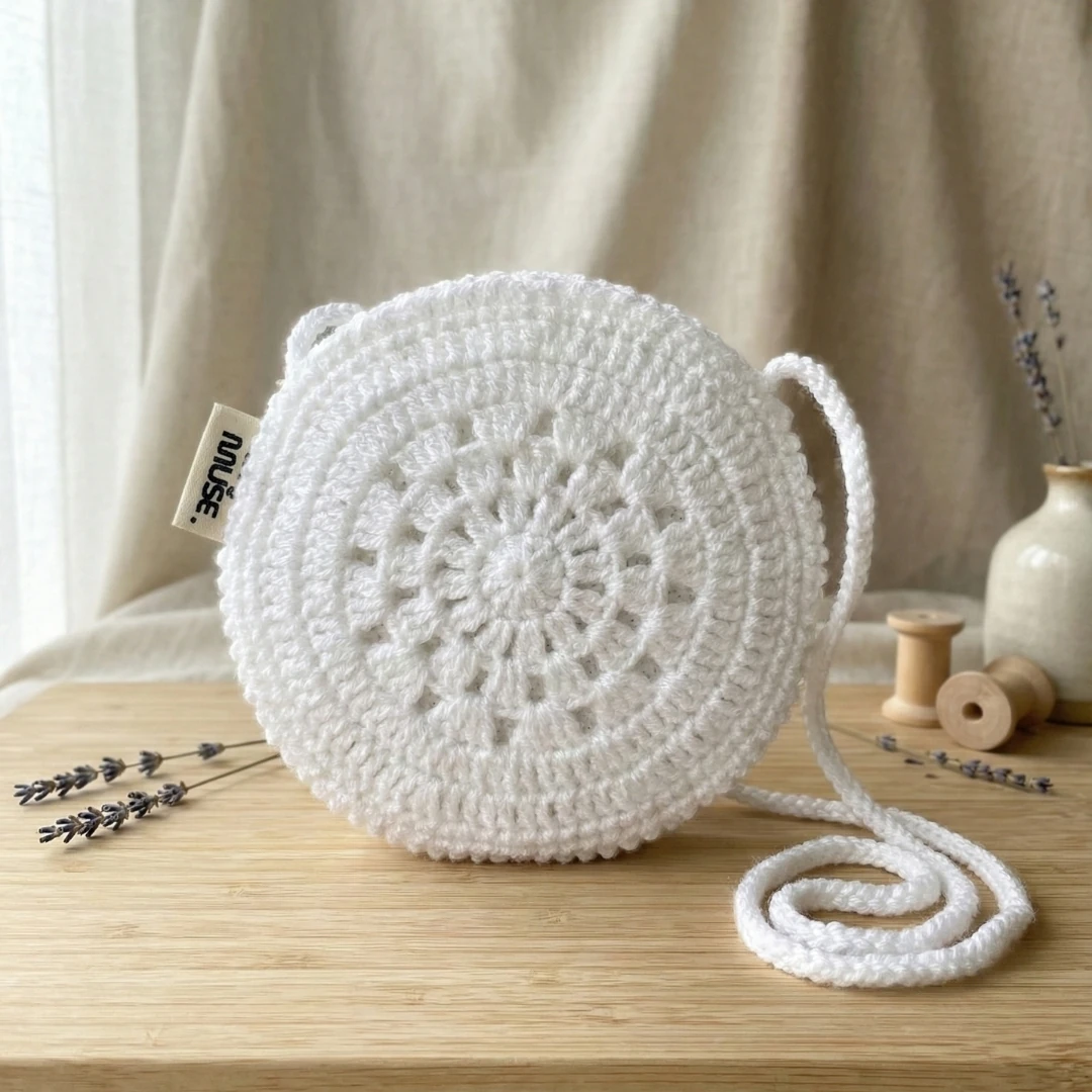 Snow Flake - Kendinden Desenli Beyaz Yuvarlak Çanta