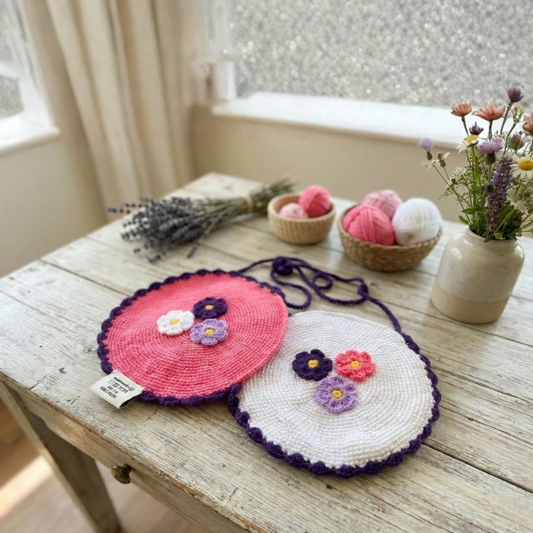 Violet Circle - Yuvarlak Çiçekli El Örgüsü Çocuk Çantası