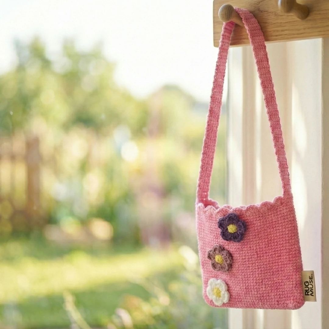 Pinky Bloom - 3D Çiçekli El Yapımı Örgü Çocuk Çantası