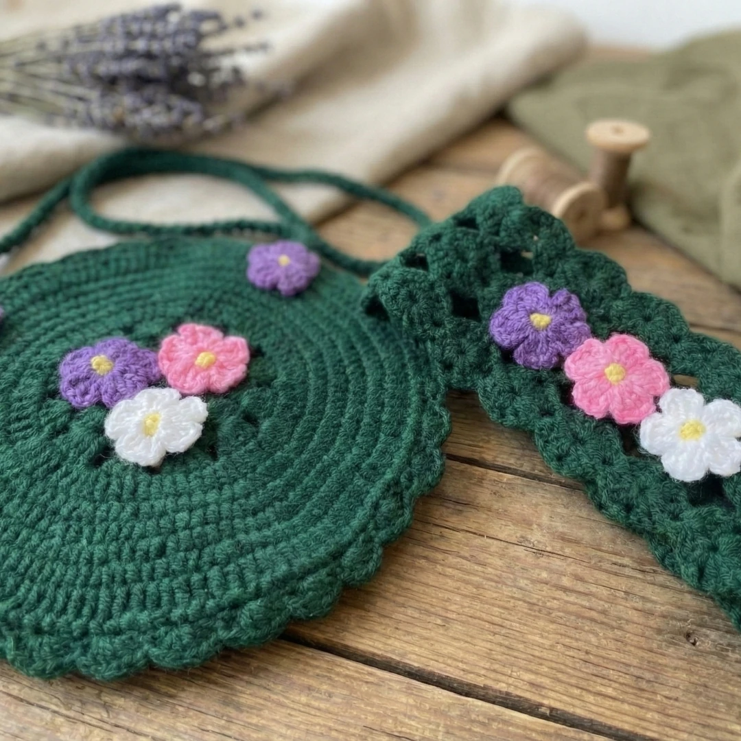 Forest Garden - Saç Bandı Hediyeli Yeşil Örgü Çanta Seti