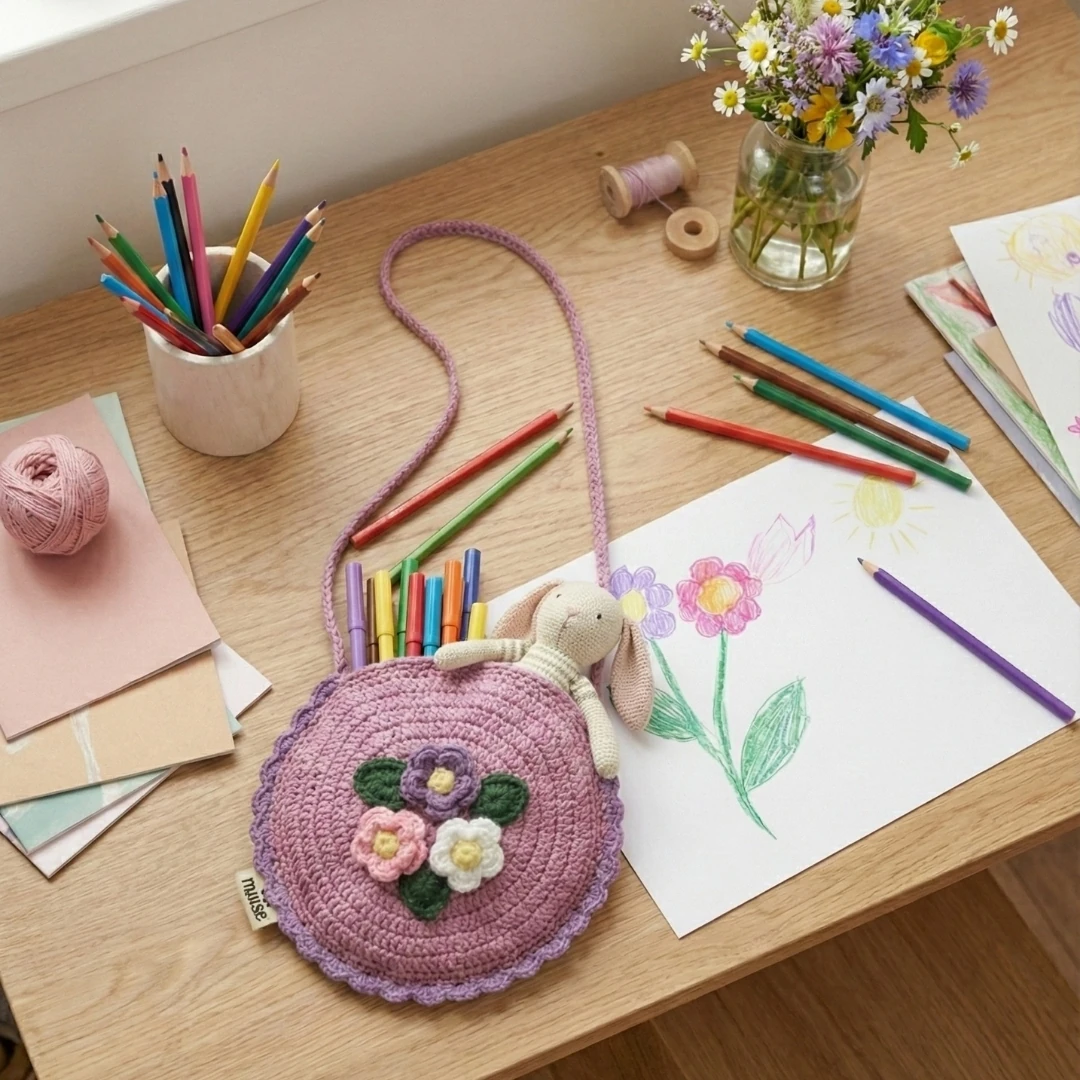 Rosy Garden - Yaprak Detaylı Yuvarlak Örgü Çocuk Çantası