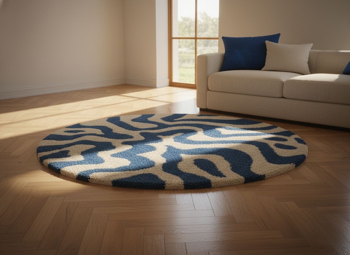 Dinamik Mavi ve Krem Soyut Desenli Cut Pile Yuvarlak Halı