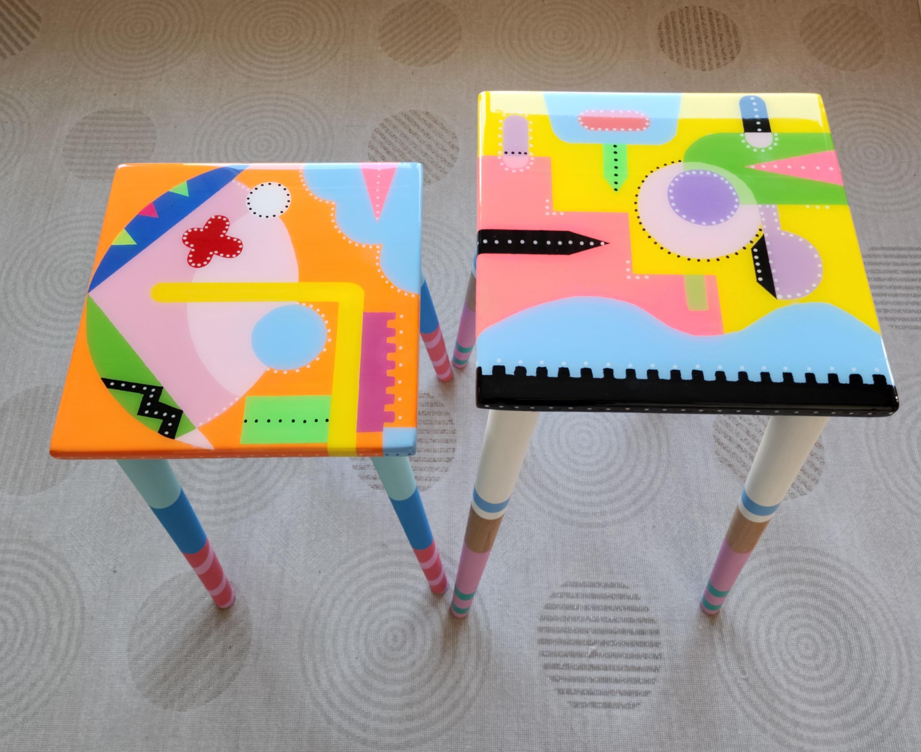 Colorful Painted Funky Abstract Cool Resin Side Coffee Tables,Wooden Modern Pink Orange Acrylic Quirky Bedside Furniture Cute Art Nightstand