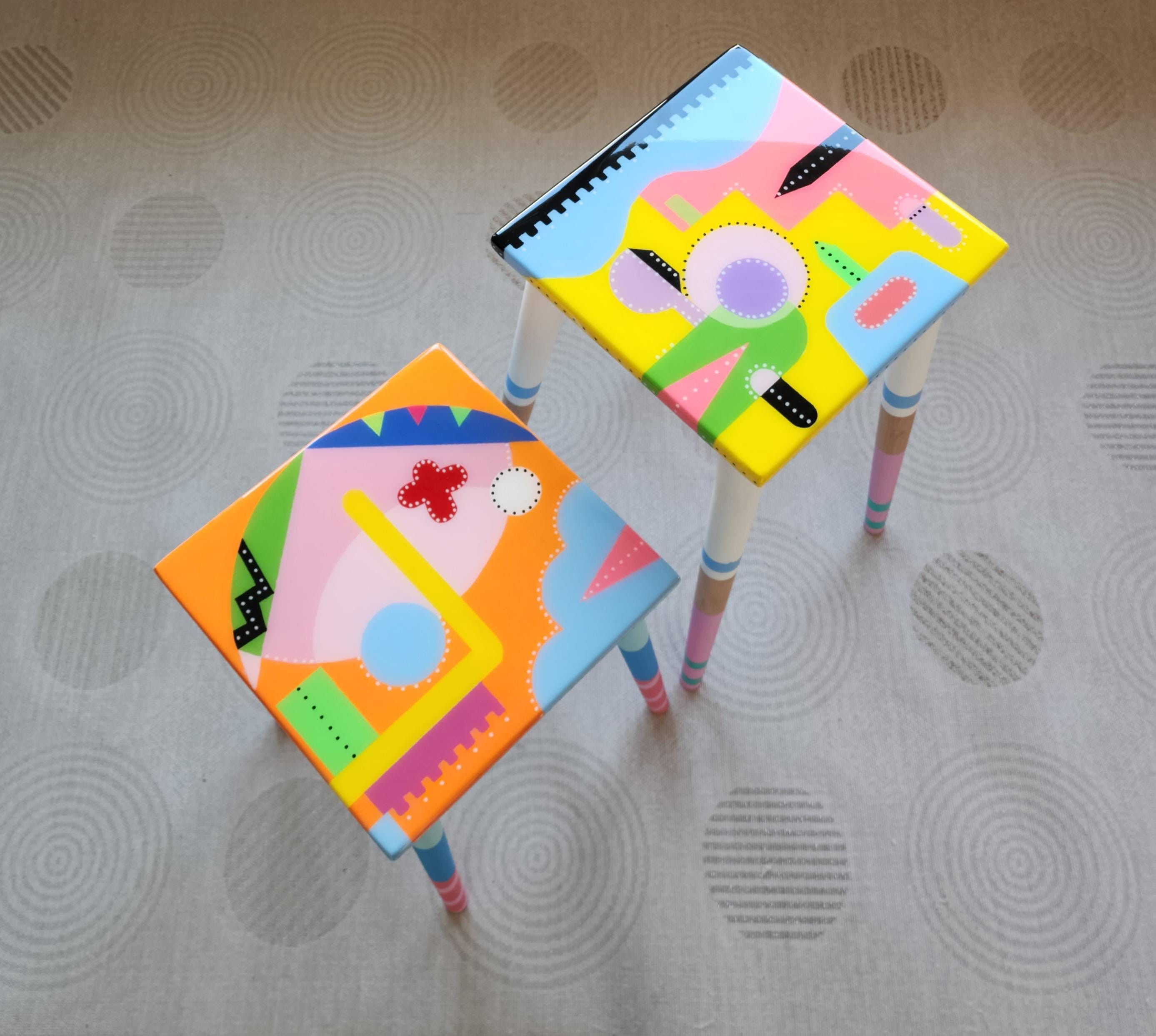 Colorful Painted Funky Abstract Cool Resin Side Coffee Tables,Wooden Modern Pink Orange Acrylic Quirky Bedside Furniture Cute Art Nightstand