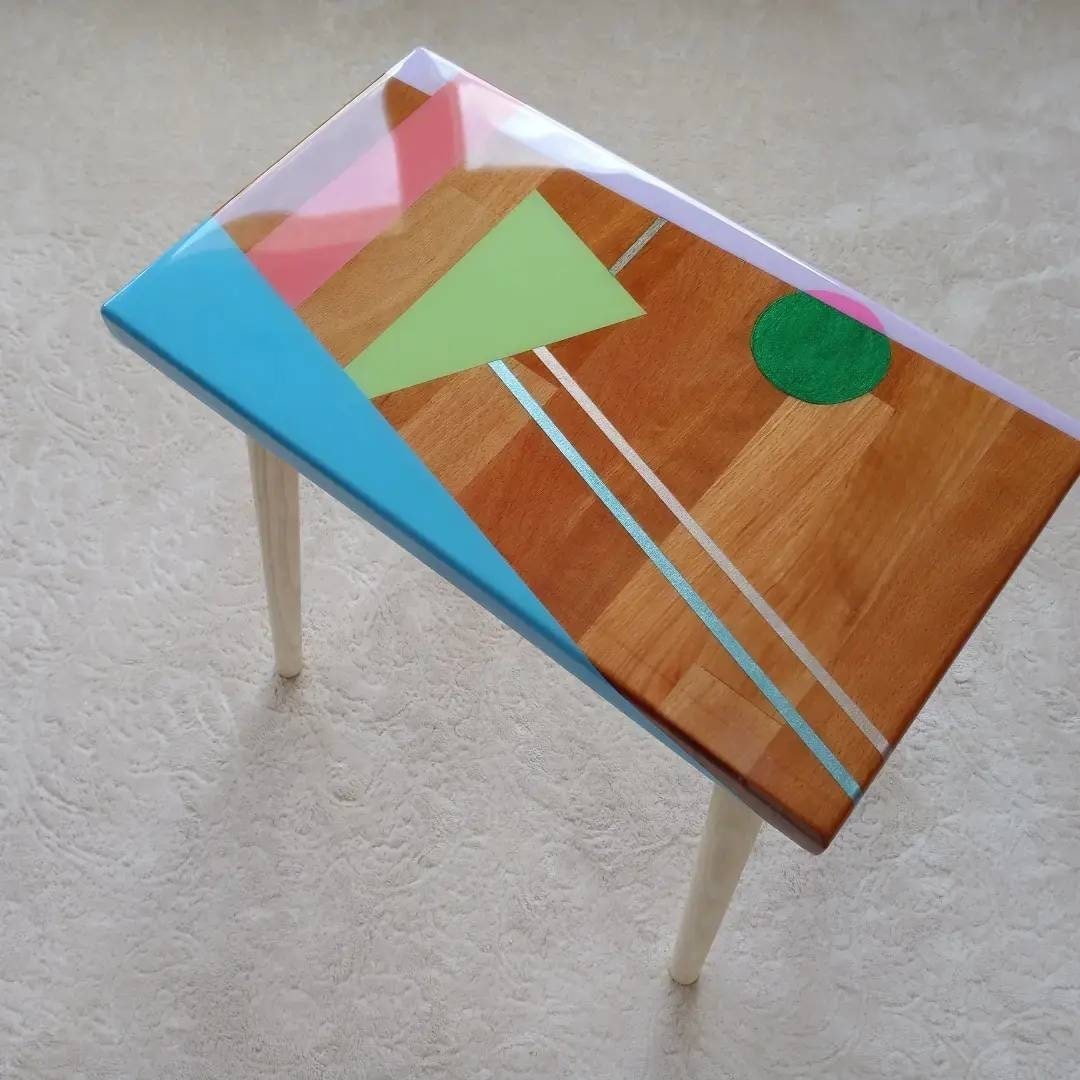 Wooden Blue Resin Boho Side Coffee Table,Modern Small Pink Epoxy Wood Unique End Sofa Abstract Bedside Living Room Bedroom Art Coffee Tables