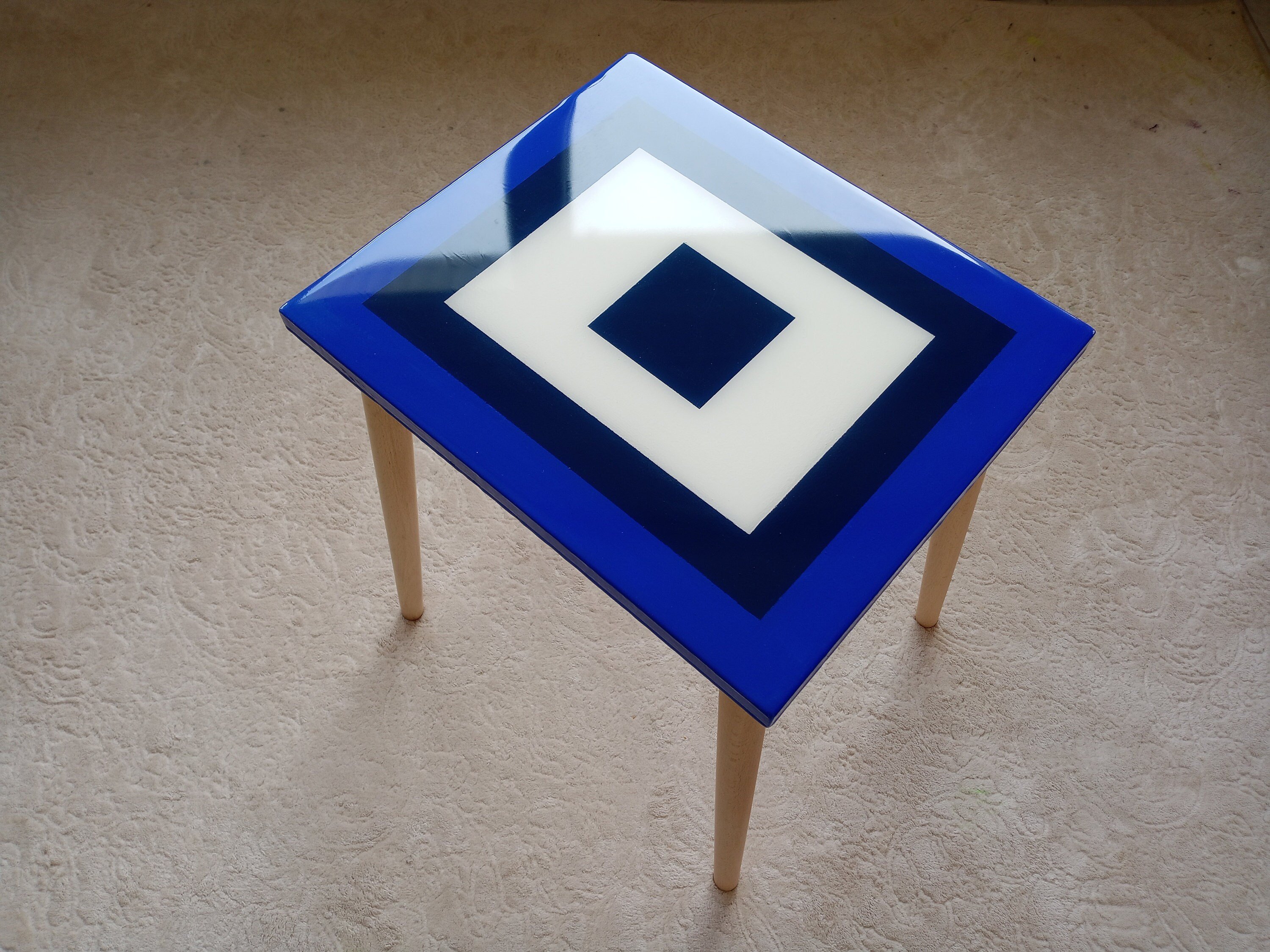 Square Resin Blue White Narrow Side Coffee Tables, Unique Wooden Bedside Living Room Modern Center End Sofa Minimal Abstract Epoxy Tables