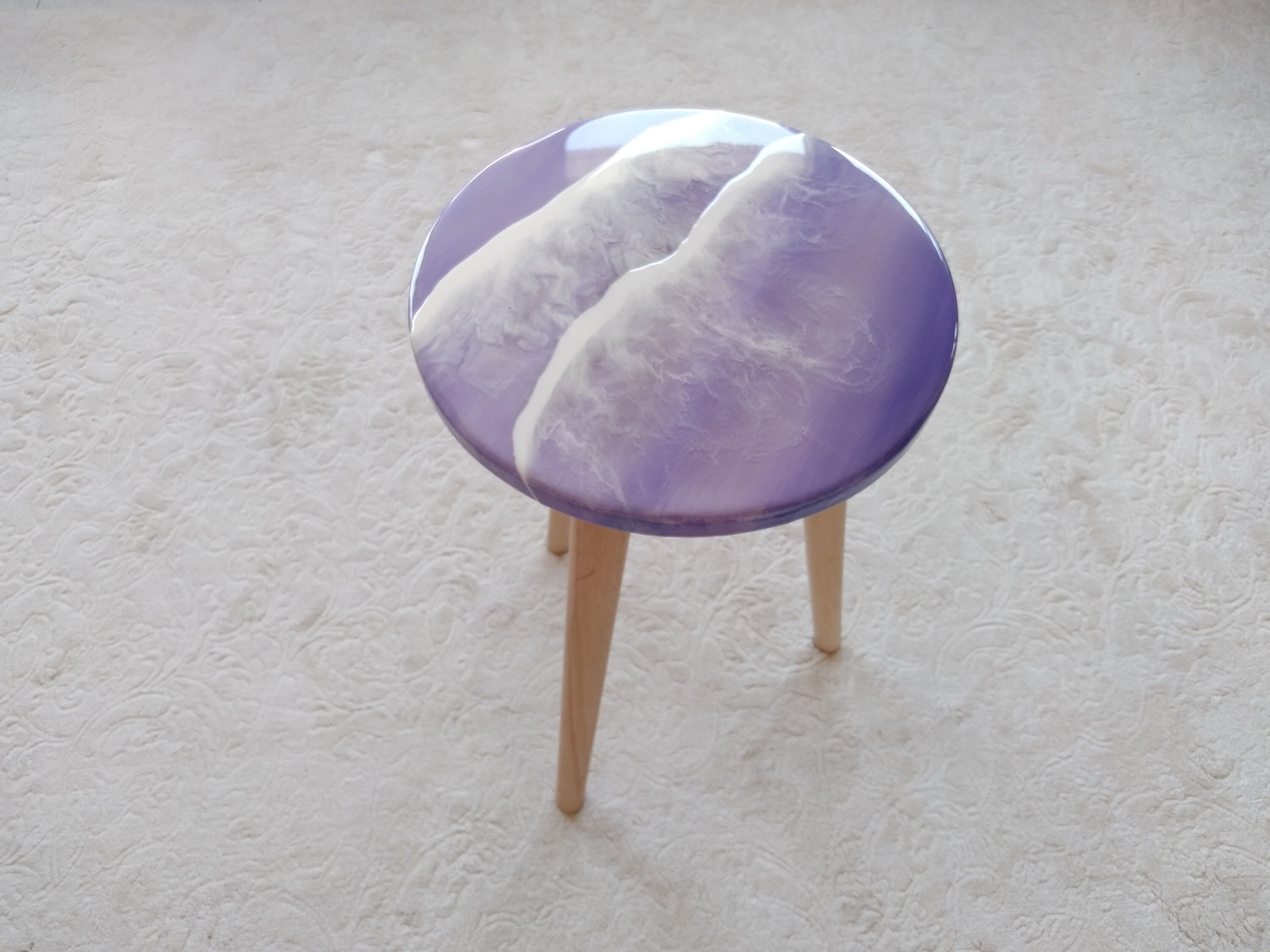 Unique Ocean Wave Resin Side Coffee Table, Beach Design Modern Purple Natural Wood Art Sofa Living Room Bedside Cool Live Edge River Table