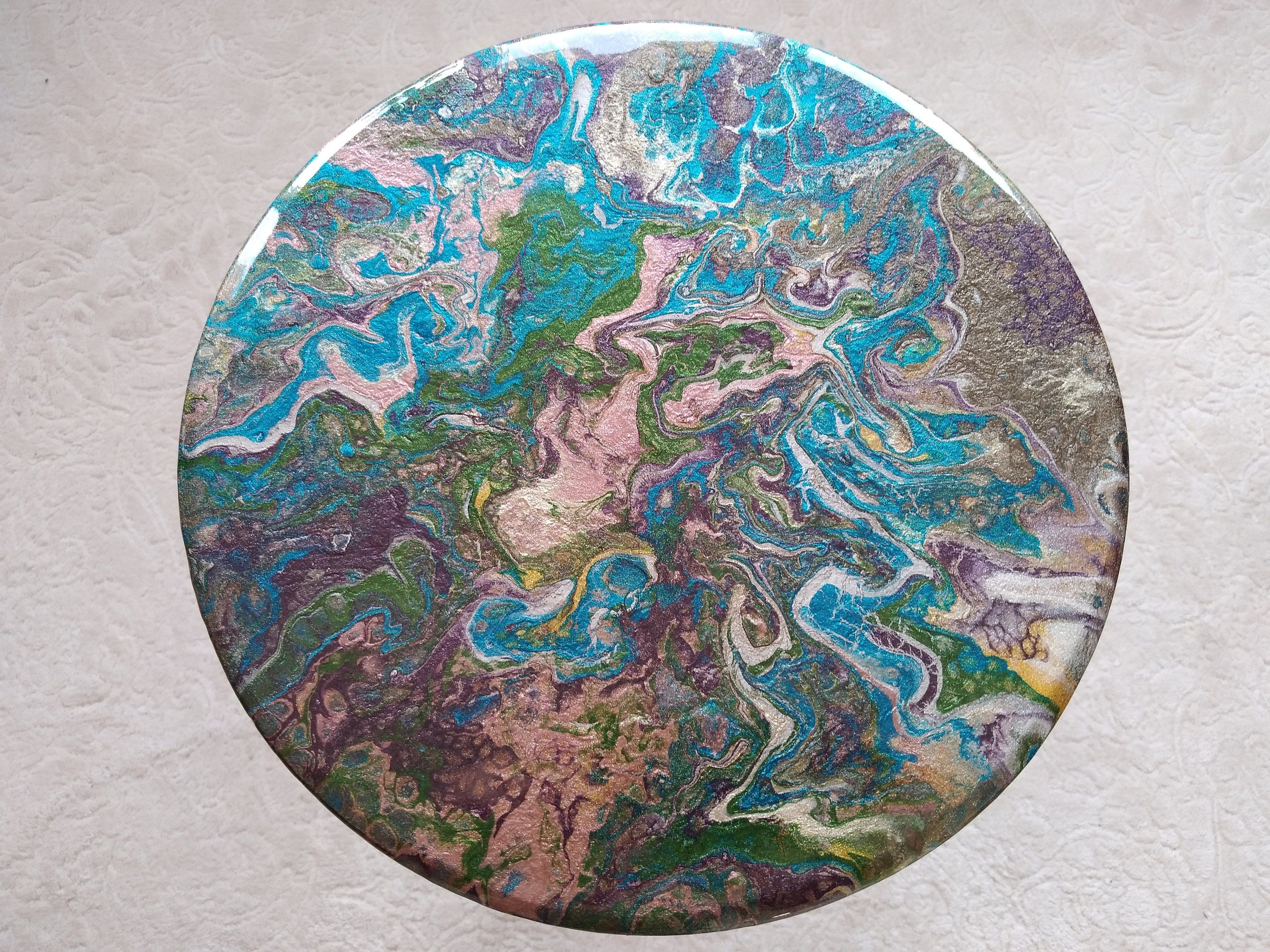 Round Small Boho Resin Sofa Coffee Table, Modern Wooden Green Bedside Wood Unique Brown Epoxy End Side Farmhouse Abstract Art Coffee Table