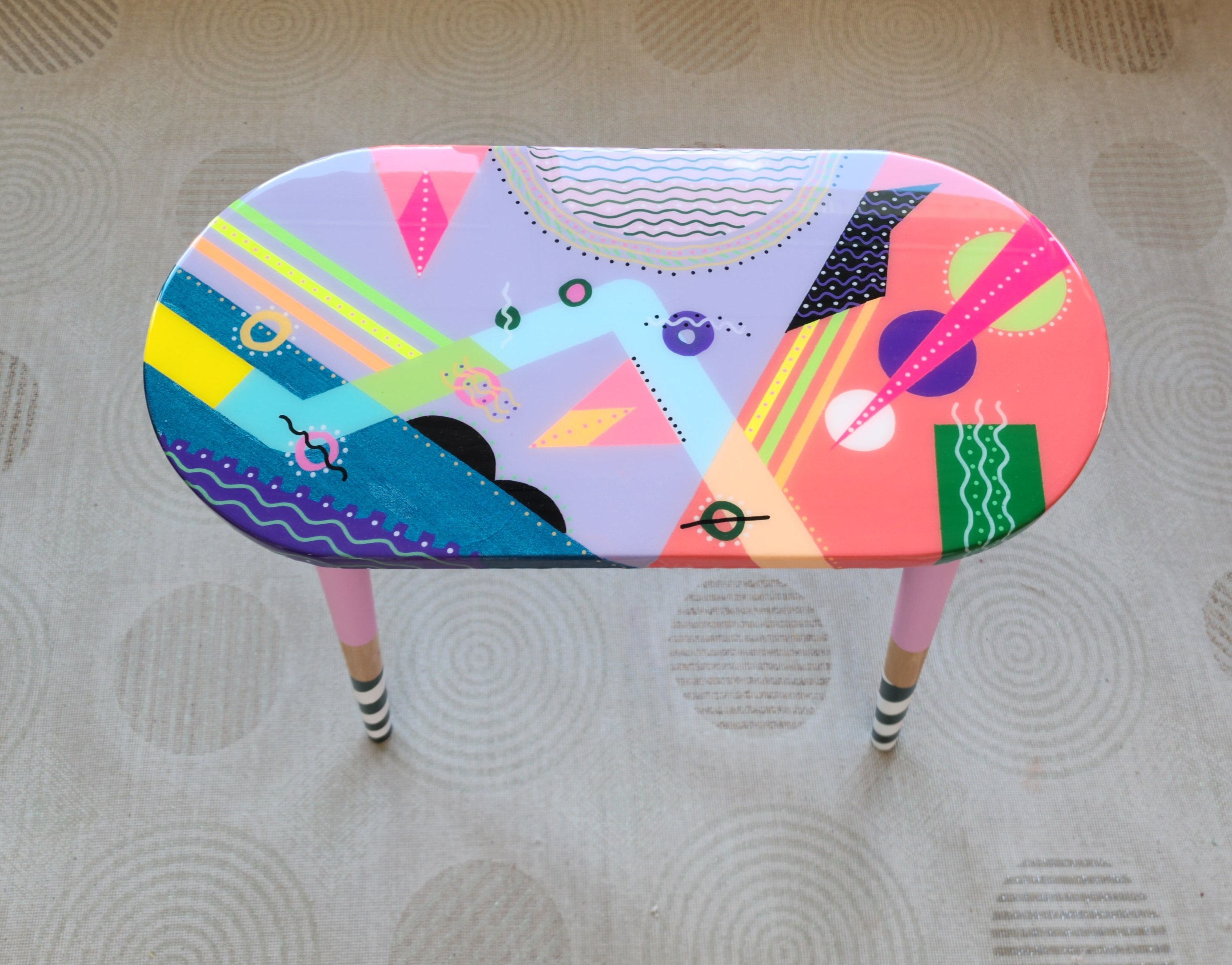 Wooden Oval Colorful Abstract Funky Resin Side Table