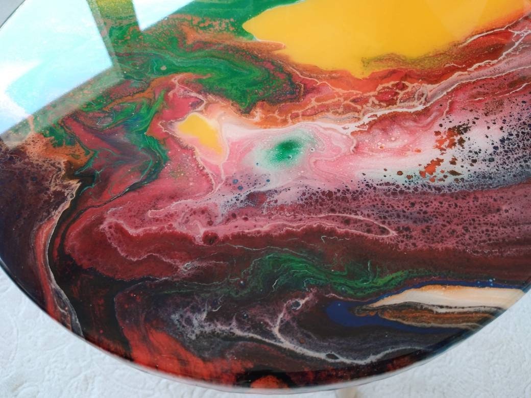 Round Yellow Red Side Resin Coffee Table, Bedside Blue Green Modern Unique Wood Handmade Wooden Abstract Art Sofa End Cool Amazing Table