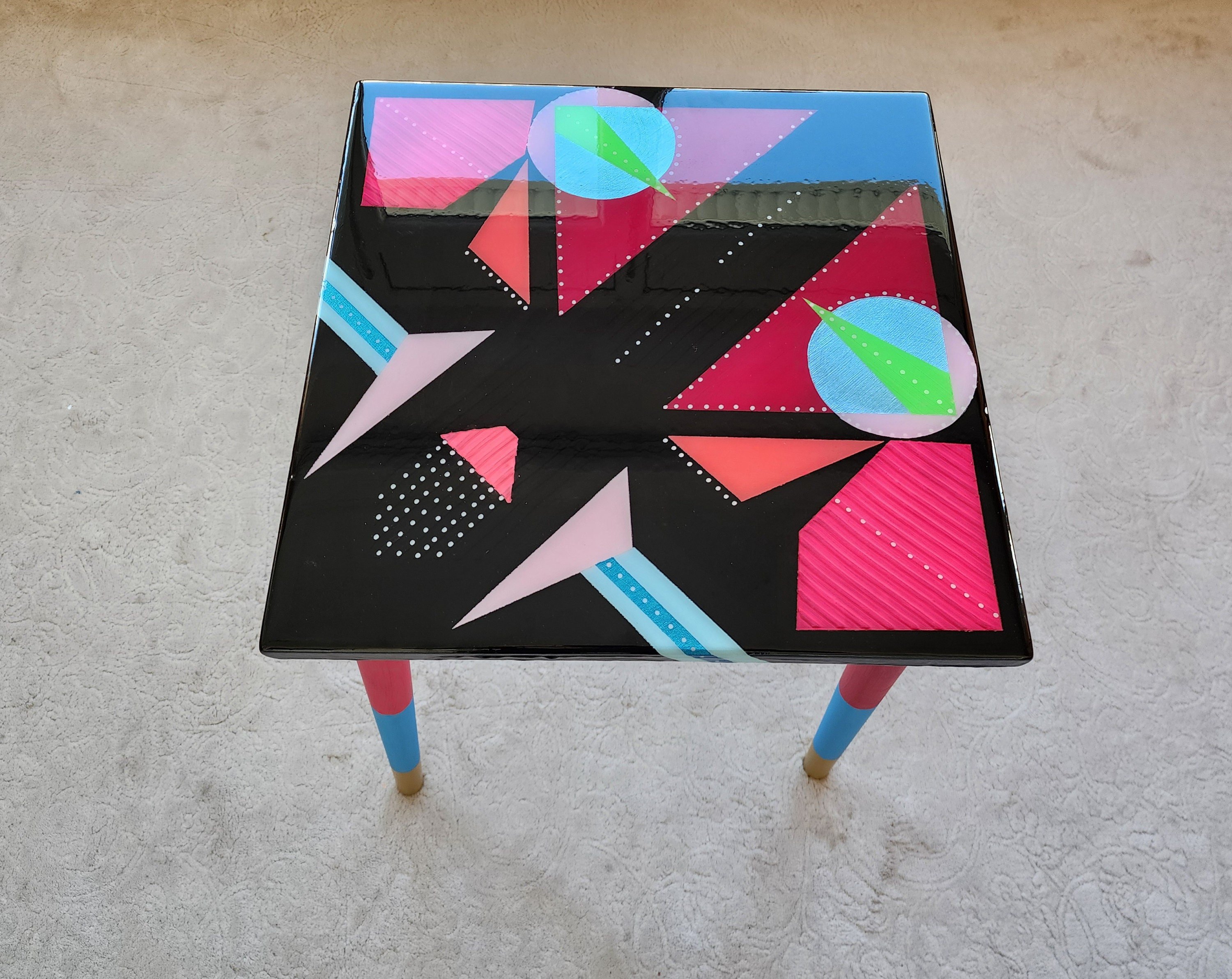 Hand Painted Black Abstract Wooden Epoxy Resin Side End Table, Colorful Funky Eclectic Rainbow  Pop Art Cute Unusual Geometric Coffee Table