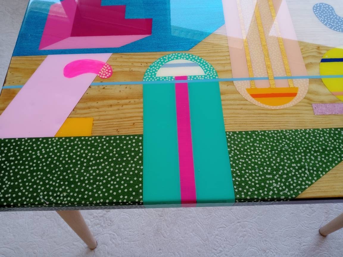 Handmade Colorful Abstract Funky Resin Side End Table, Unique Wooden Entryway Living Room Bedside Bedroom Epoxy Sofa Boho Art Coffee Table