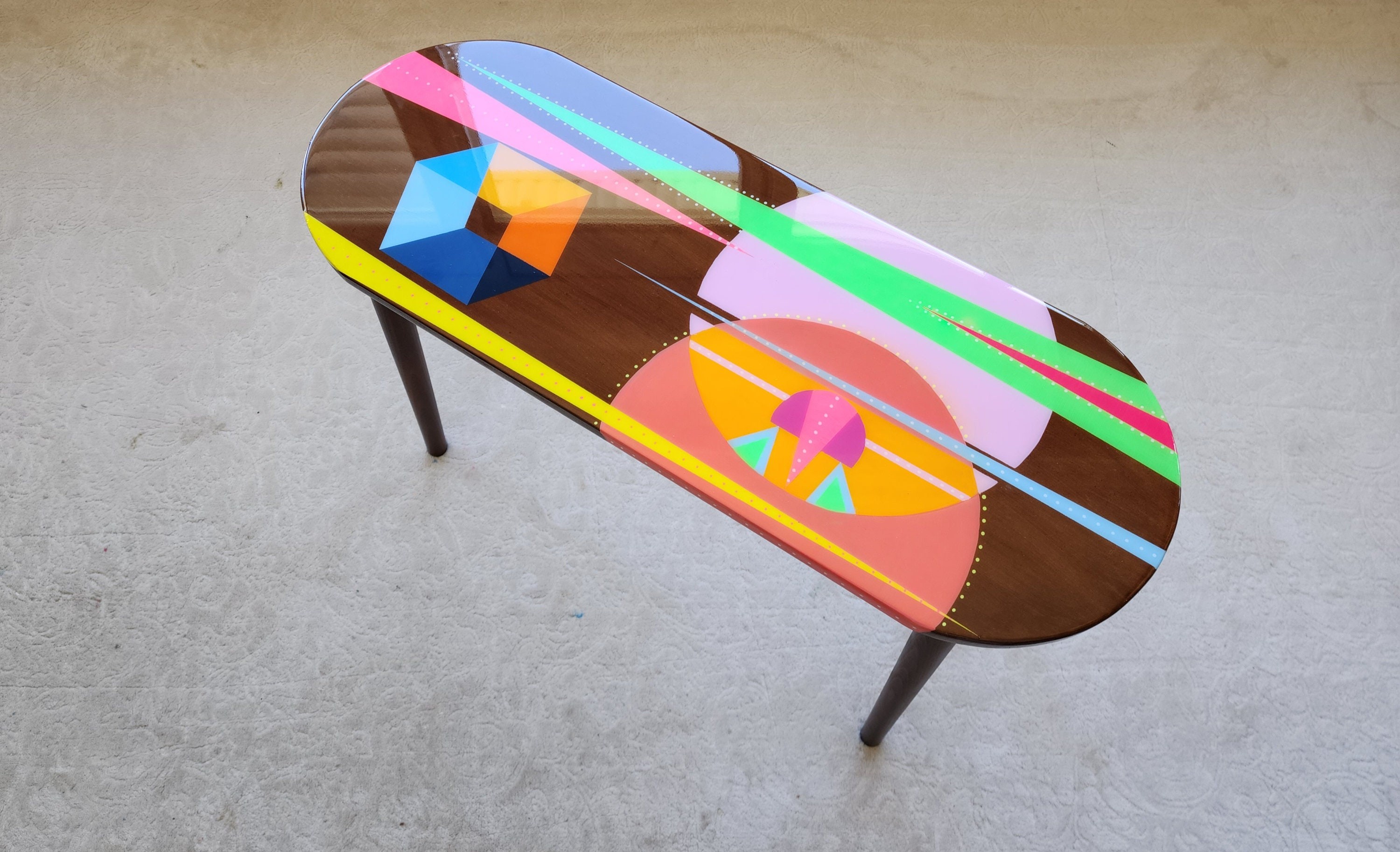Oval Handmade Funky Colorful Resin Side Coffee Table,Wooden Retro Vintage Abstract Painted Pop Art Living Room Cool Pink Brown Unusual Table