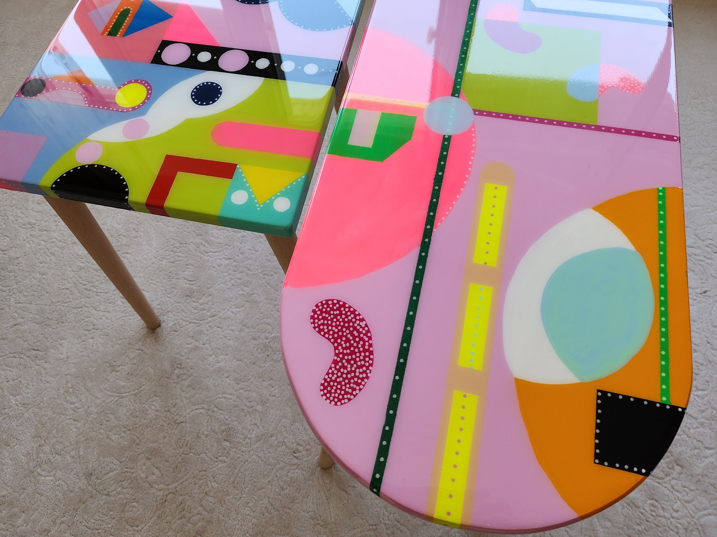 Mid Century Modern Pink Resin Narrow Coffee Tables, Colorful Abstract Vibrant Funky Eclectic Cool Retro Painted Epoxy Side End Pop Art Table