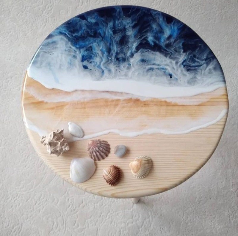 Round Ocean Wave Resin Side Coffee Table, Unique Wood Bedside Sofa End Natural Wooden Beach Themed Sea Art Coffee Table