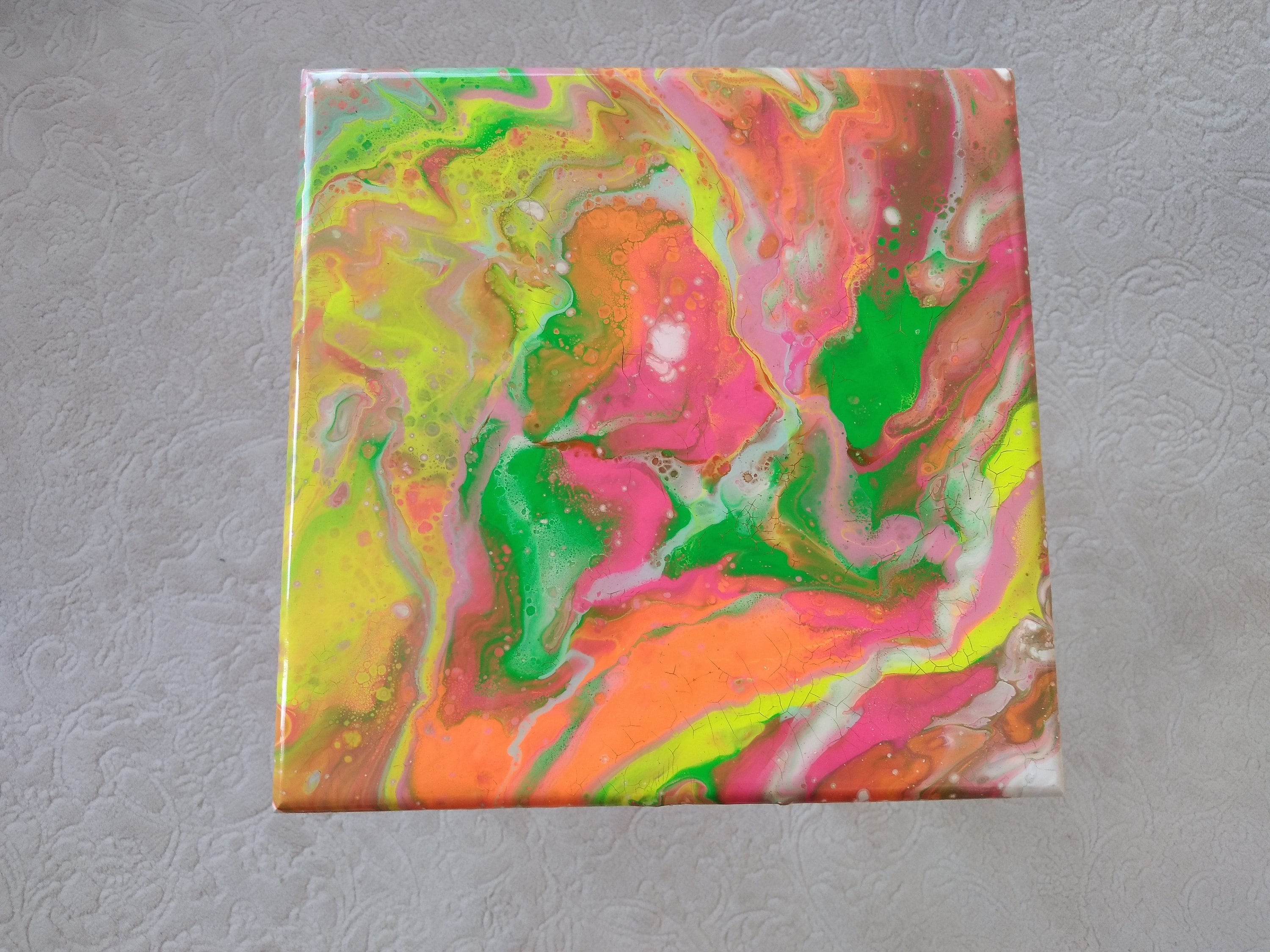 Small Colorful Abstract Resin Side Coffee Table, Pink Square Eclectic Modern Wooden End Sofa Epoxy Neon Cool Painted Boho Art Bedside Table