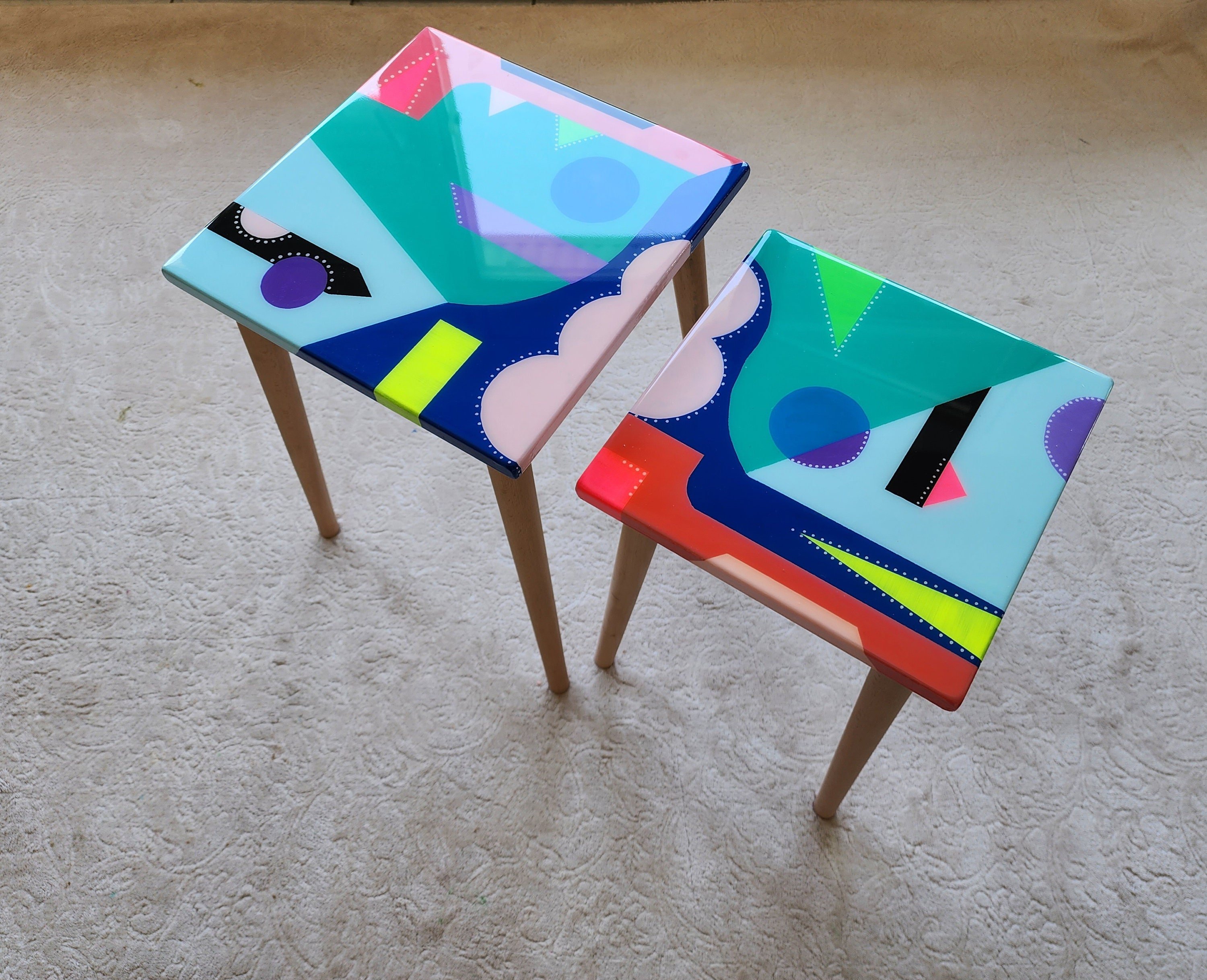 Unusual Epoxy Resin Colorful Abstract Side Coffee Tables, Eclectic Furniture, Blue Pink Modern Small Wooden Funky Pop Art Cool End Tables