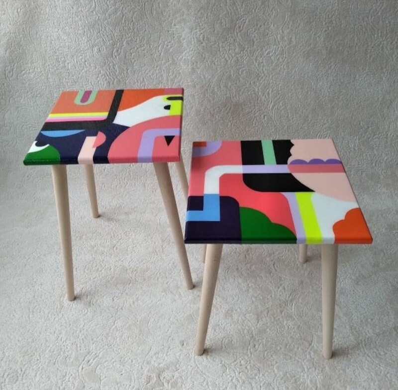 Abstract Modern Colorful Resin Side Coffee Tables, Funky Retro Art Furniture Cool Living Room Sofa Live Edge Wooden Vintage Epoxy End Table