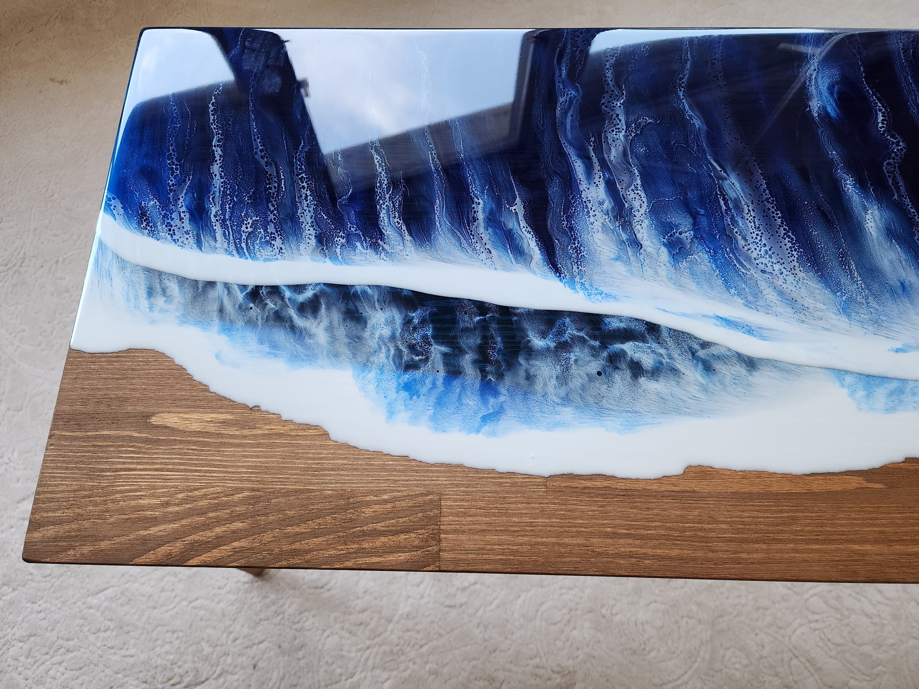 Natural Ocean Wave Blue Epoxy Resin Side Table, Wooden Beach Themed Living Room Bedroom Entryway Nautical Cool End Sofa Sea Art Coffee table