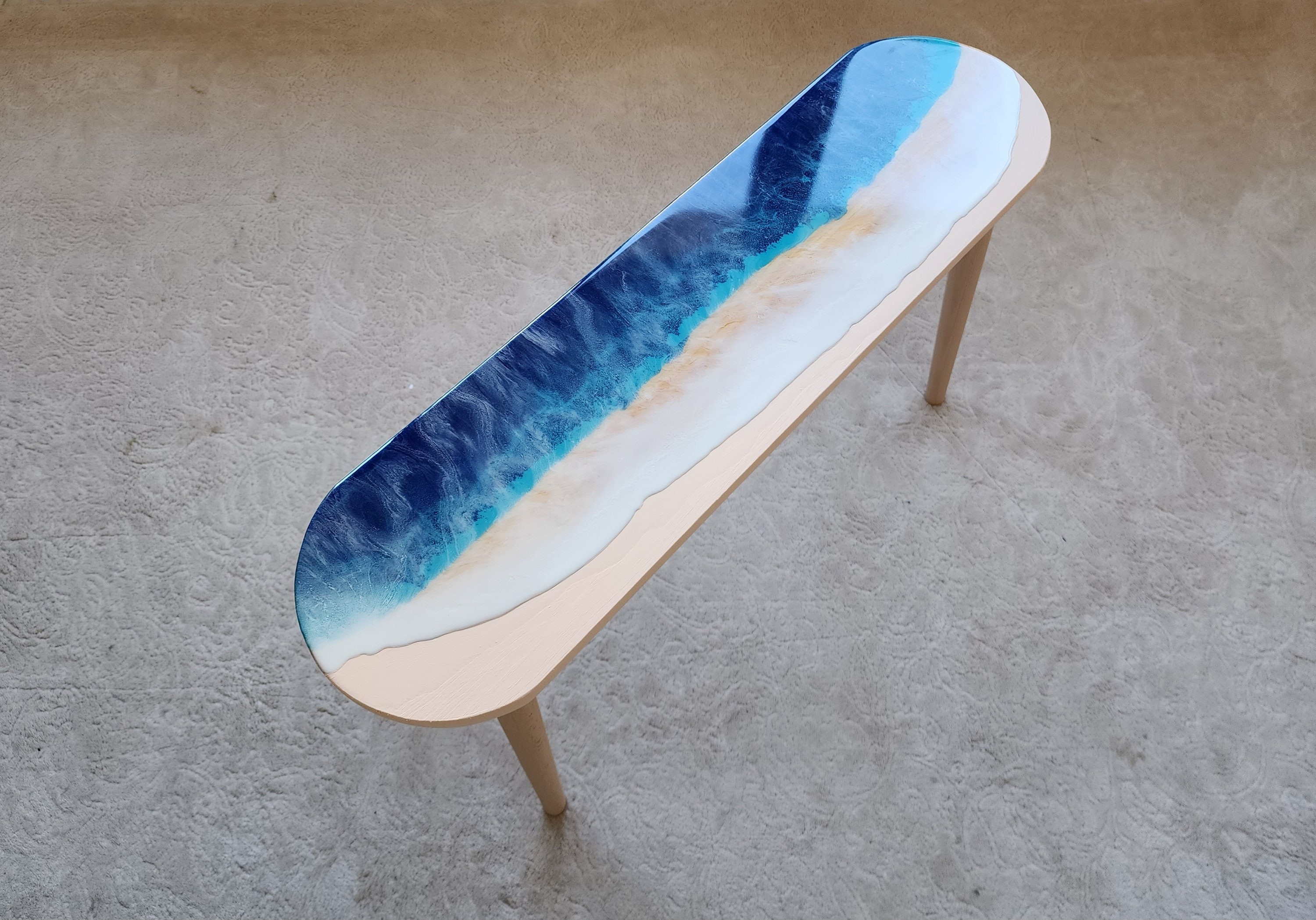 Natural Oval Epoxy Resin Ocean Wave Side Coffee Table, Beach House Decor Blue Coastal Nautical Sea Themed Entryway Bedside Bedroom End Table