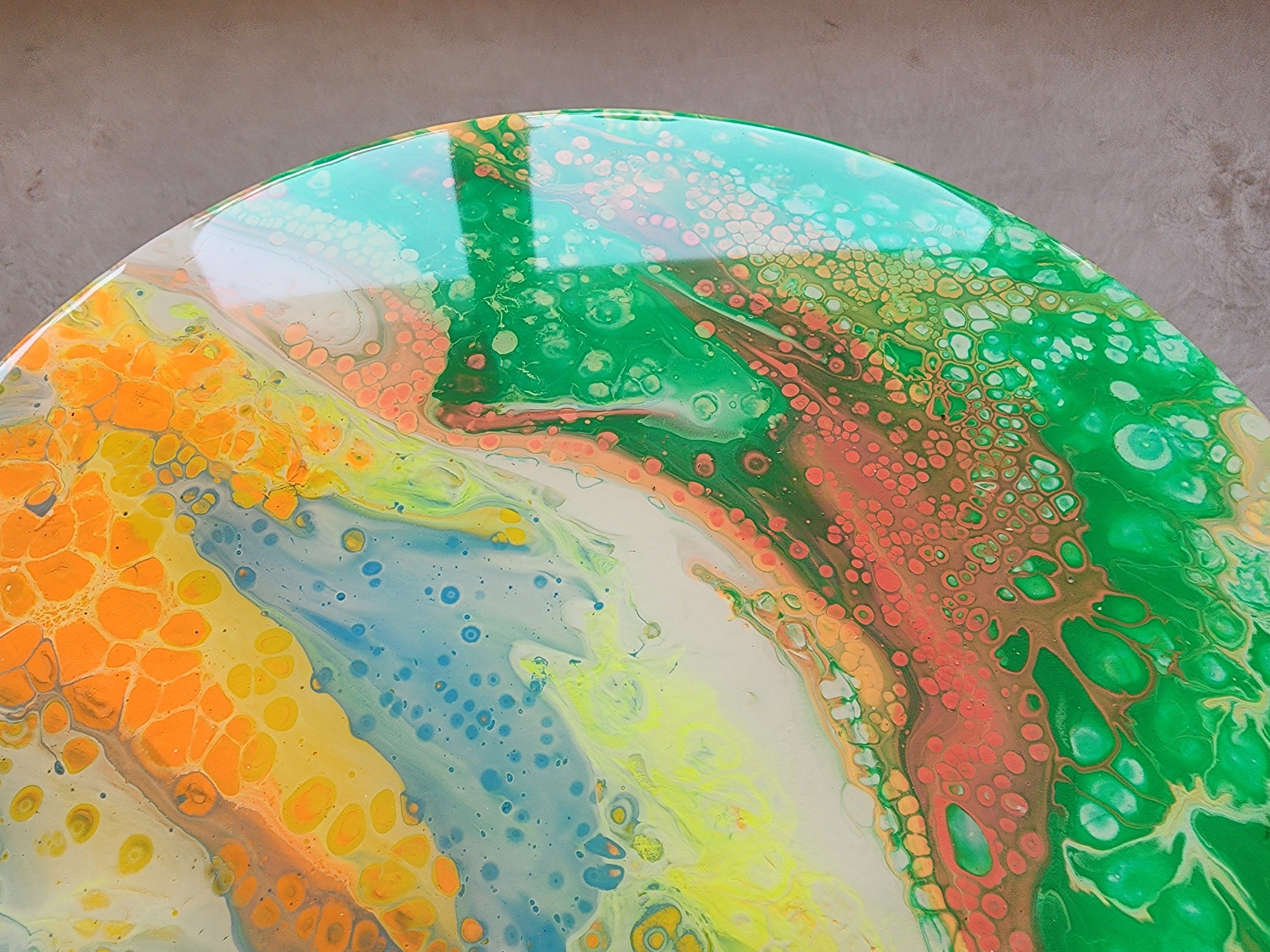 Unique Wooden Green Abstract Epoxy Resin Side Coffee Table, Colorful Funky Eclectic Rainbow Pop Art Hand Painted Cute End Sofa Center Table
