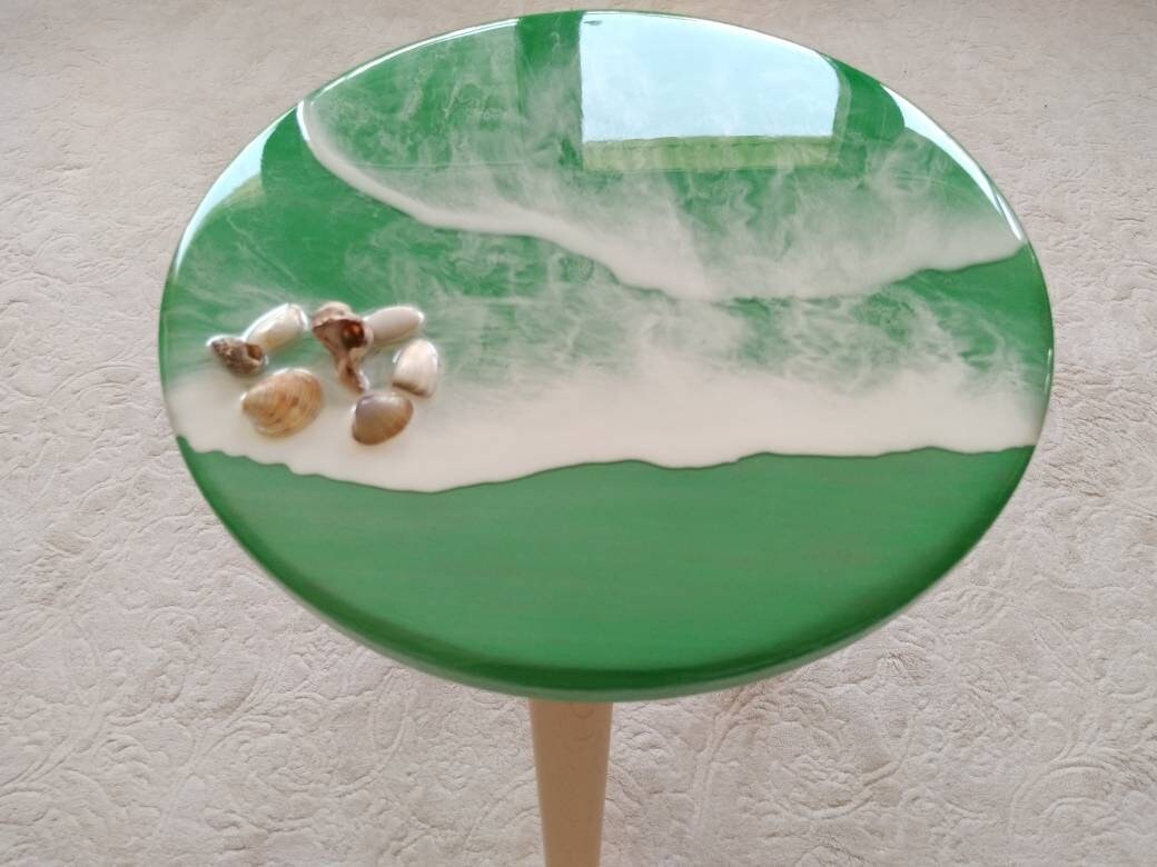 Round Small Resin Ocean Wave Coffee Table, Green Modern Wooden Side Sofa End Unique Coffee Table, Shells,Living Room, Bedroom Bedside Table