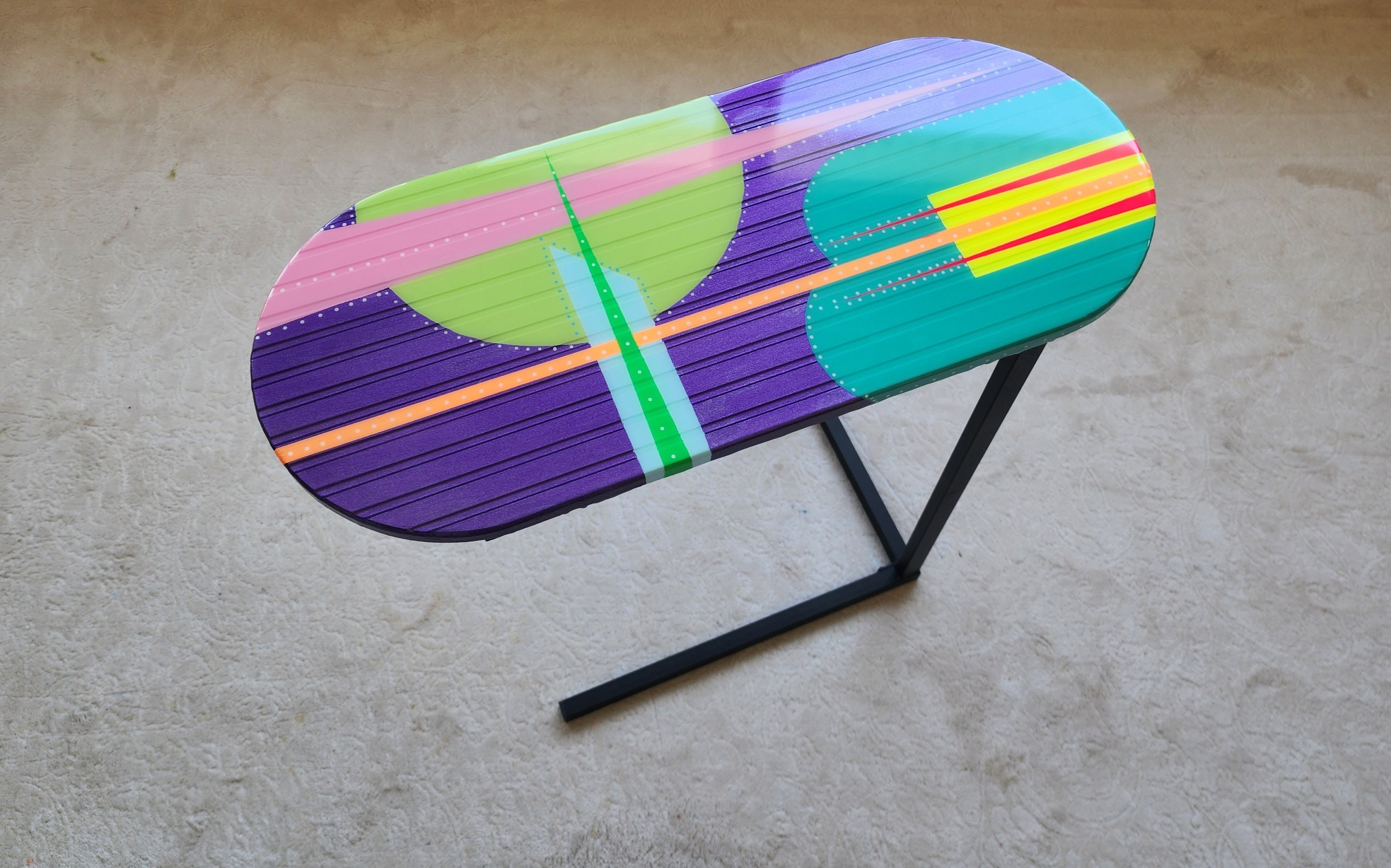 Wooden C Shape Colorful Side End Resin Coffee Table With Metal Legs, Abstract Cool Vintage Retro Modern Geometric Design Purple Couch Table