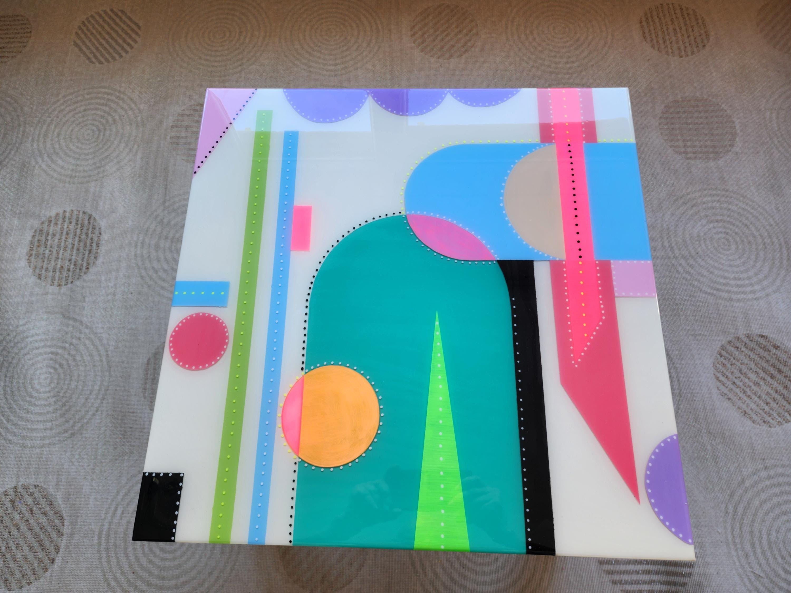 Square Colorful Funky Abstract Boho Resin Table,White Green Groovy Vibrant Wood Rainbow Retro Hippi End Side Cool Luxury Center Coffee Table