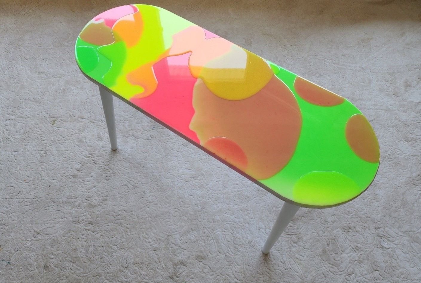 Modern Colorful Abstract Resin Funky Pink Side Coffee Table, Wooden Multicolor Furniture Cool Living Room Epoxy Art Live Edge Boho End Table