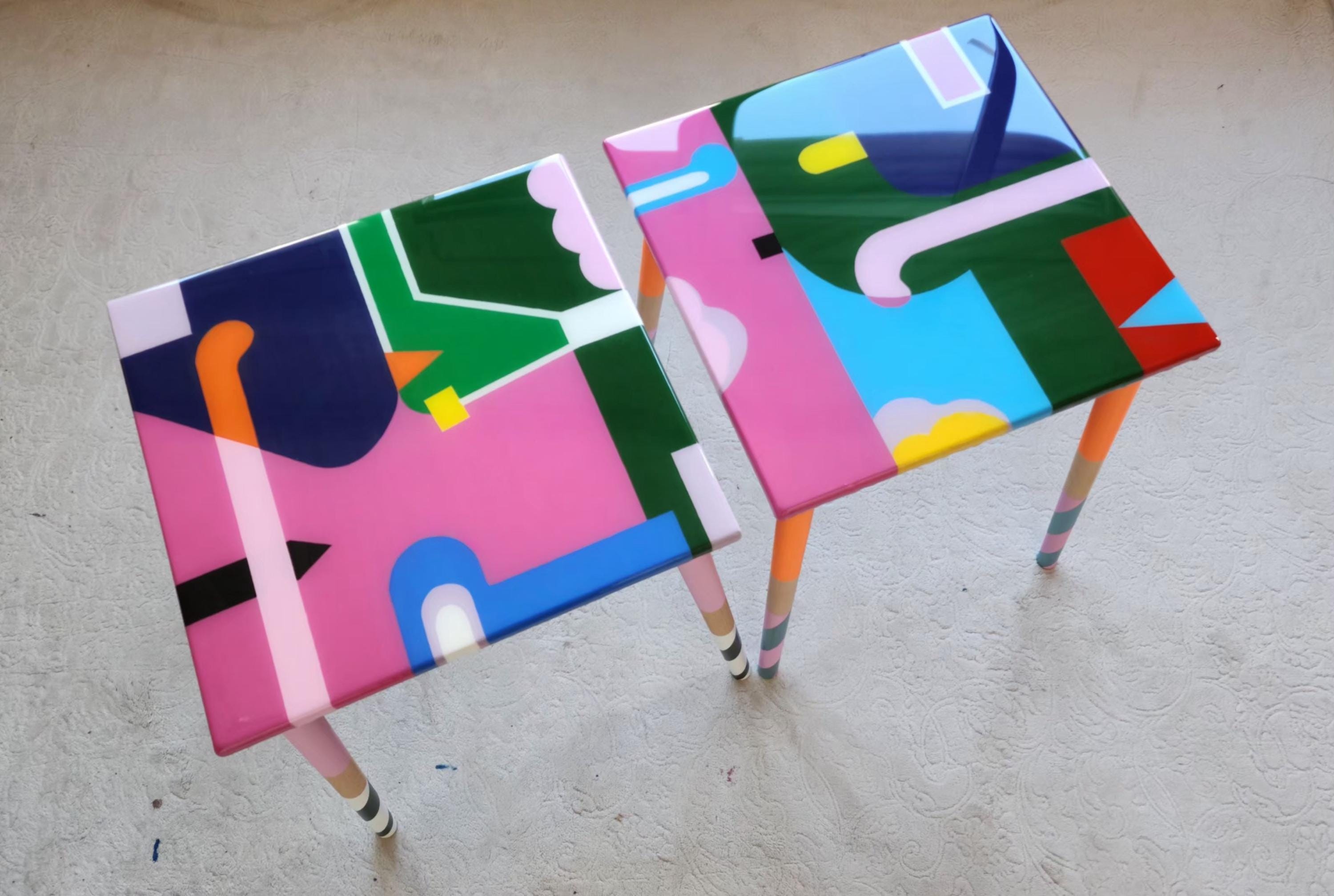 Handmade Colorful Abstract Resin Side Funky Coffee Tables, Modern Cool Bedside Living Room Entryway End Sofa Middle Wooden Epoxy Boho Tables