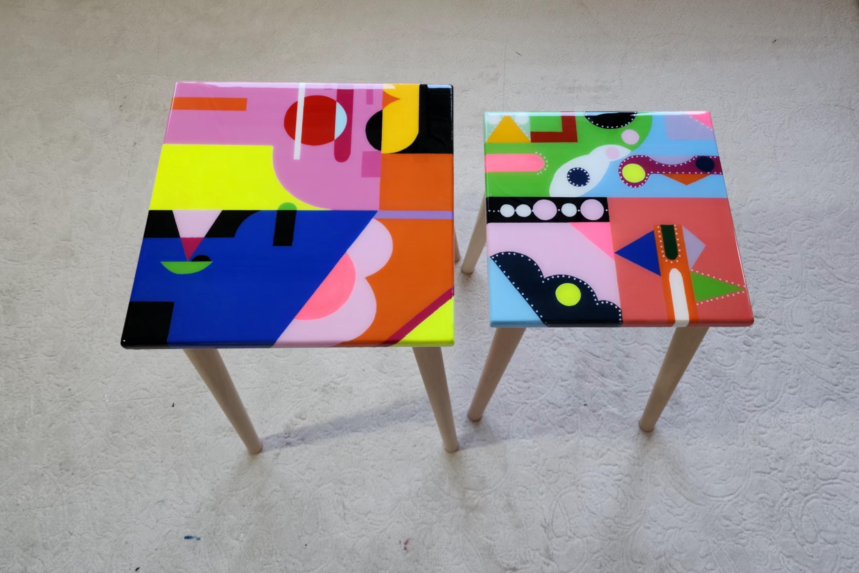 Colorful Small Funky Hand Painted Epoxy Resin Side Coffee Tables