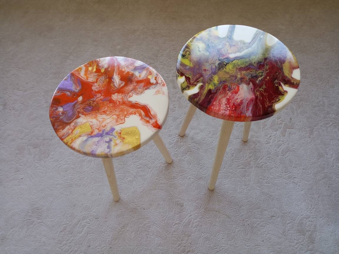 Round Small Abstract Colorful Resin Side Coffee Tables, Unique Cool Boho Bedside Living Room Entryway Wooden Center End Sofa Art Tables