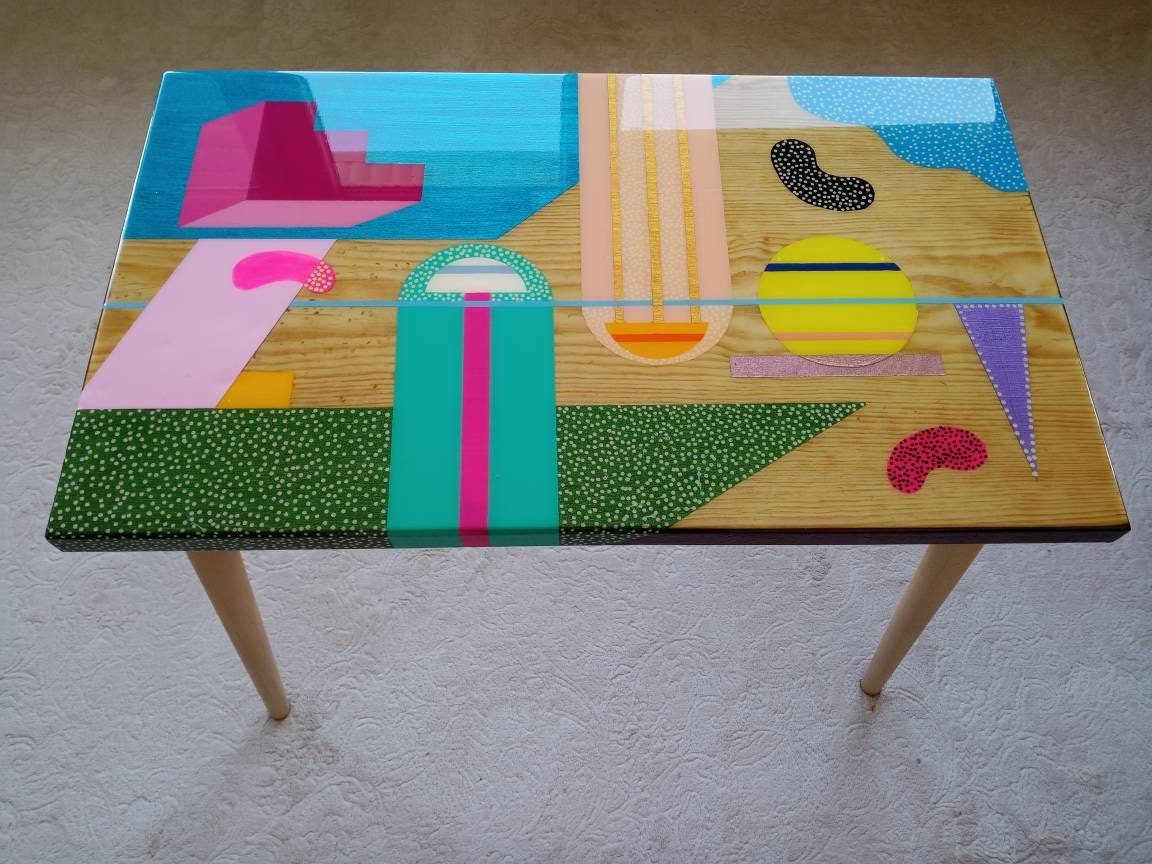 Handmade Colorful Abstract Funky Resin Side End Table, Unique Wooden Entryway Living Room Bedside Bedroom Epoxy Sofa Boho Art Coffee Table