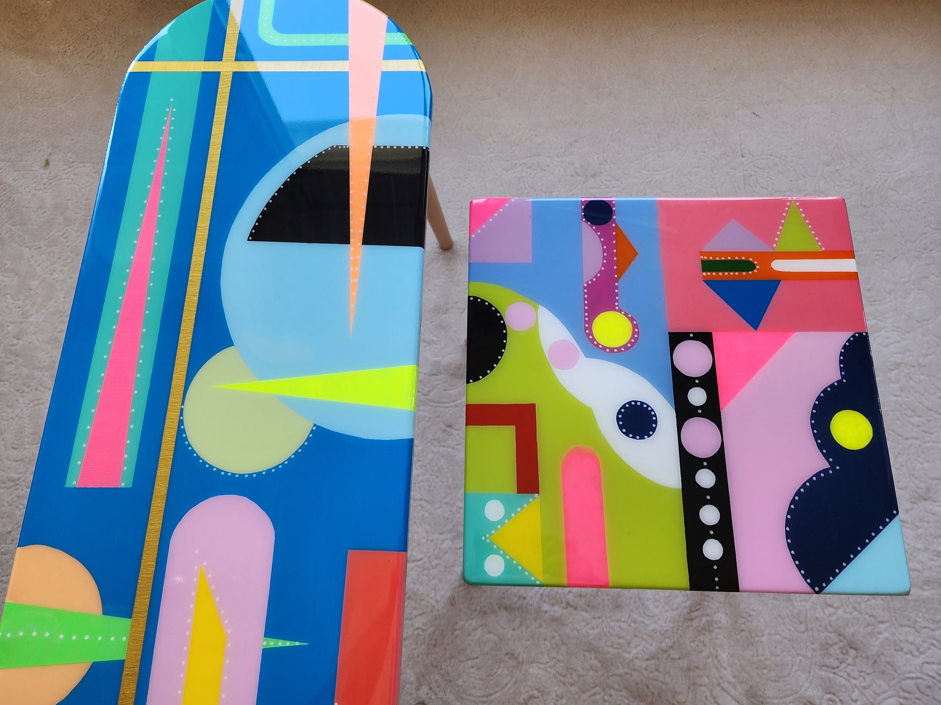 Whimsical Funky Colorful Resin Side Coffee Tables,Abstract Cool Oval Square Rainbow Geometric Design Center Corner Entryway Epoxy Art Tables