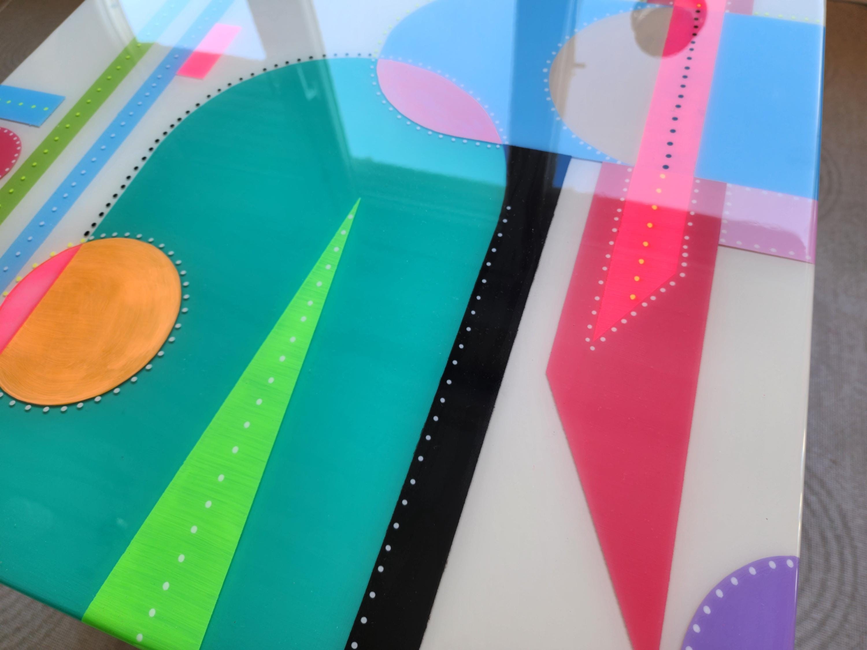 Square Colorful Funky Abstract Boho Resin Table,White Green Groovy Vibrant Wood Rainbow Retro Hippi End Side Cool Luxury Center Coffee Table