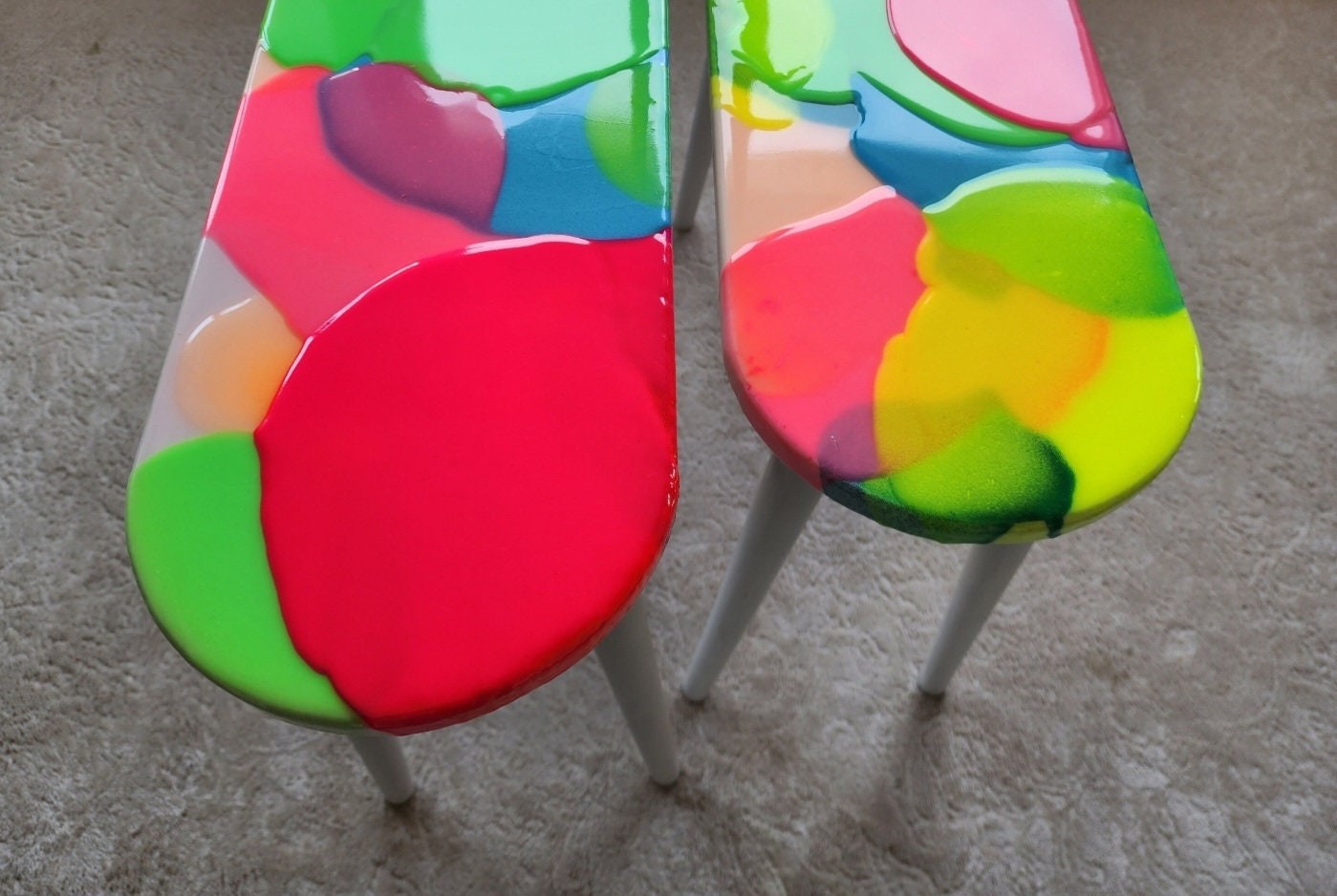 Oval Pink Funky Neon Painted 3D Abstract Resin Coffee Tables, Maximalist Eclectic  Cool Colorful Epoxy Nesting Cute Unusual Side Art Tables