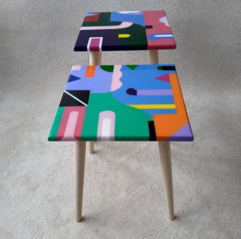 Modern Small Abstract Resin Side Tables, Unique Wood Sofa End Epoxy Living Room Bedside Entryway Cool Funky Fun Pink Blue Boho Coffee Table
