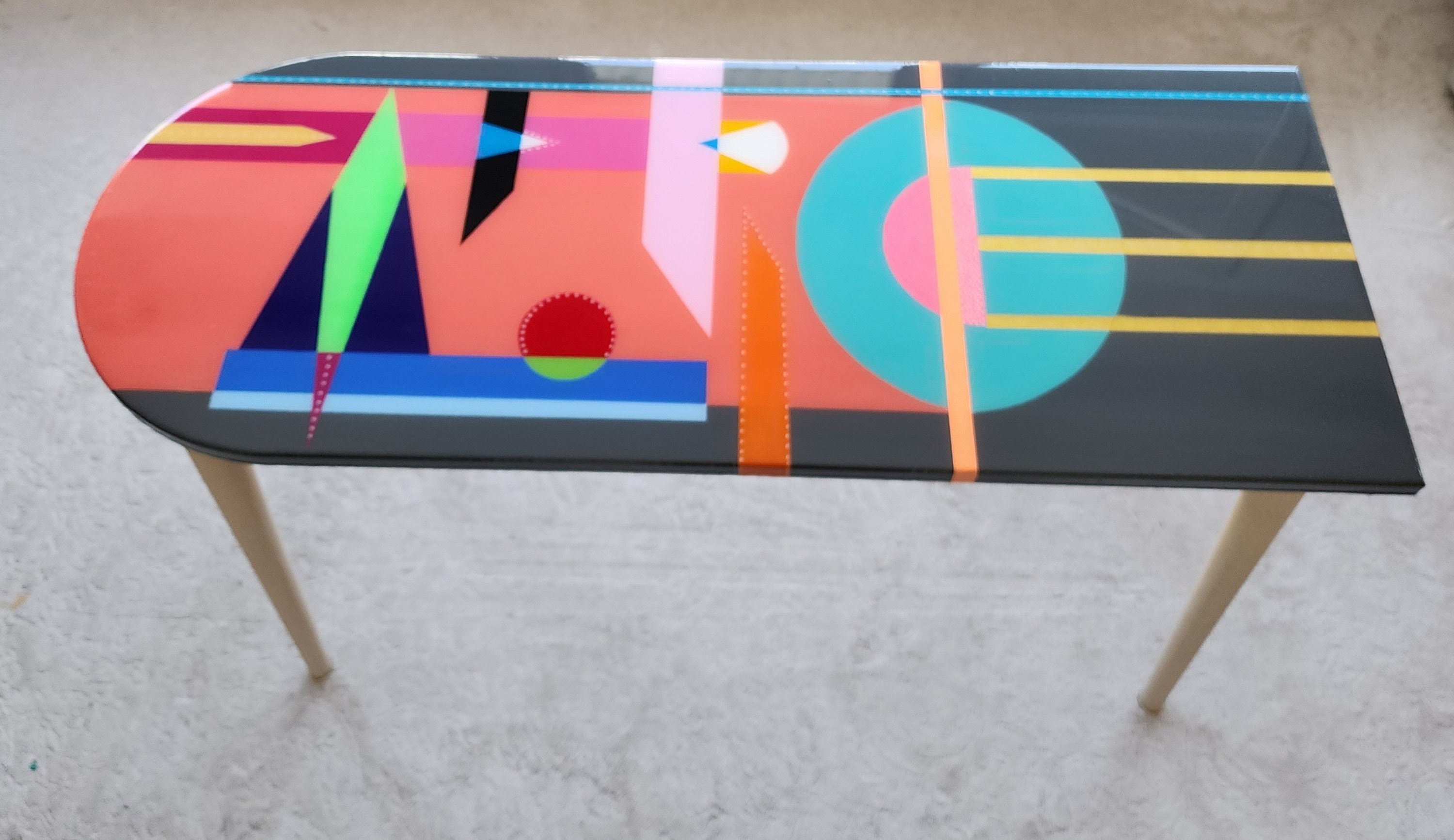 Oval Colorful Funky Abstract Epoxy Resin Side Coffee Table,Pink Black Groovy Vibrant Wooden Rainbow Retro Cool Luxury Center Art End Table