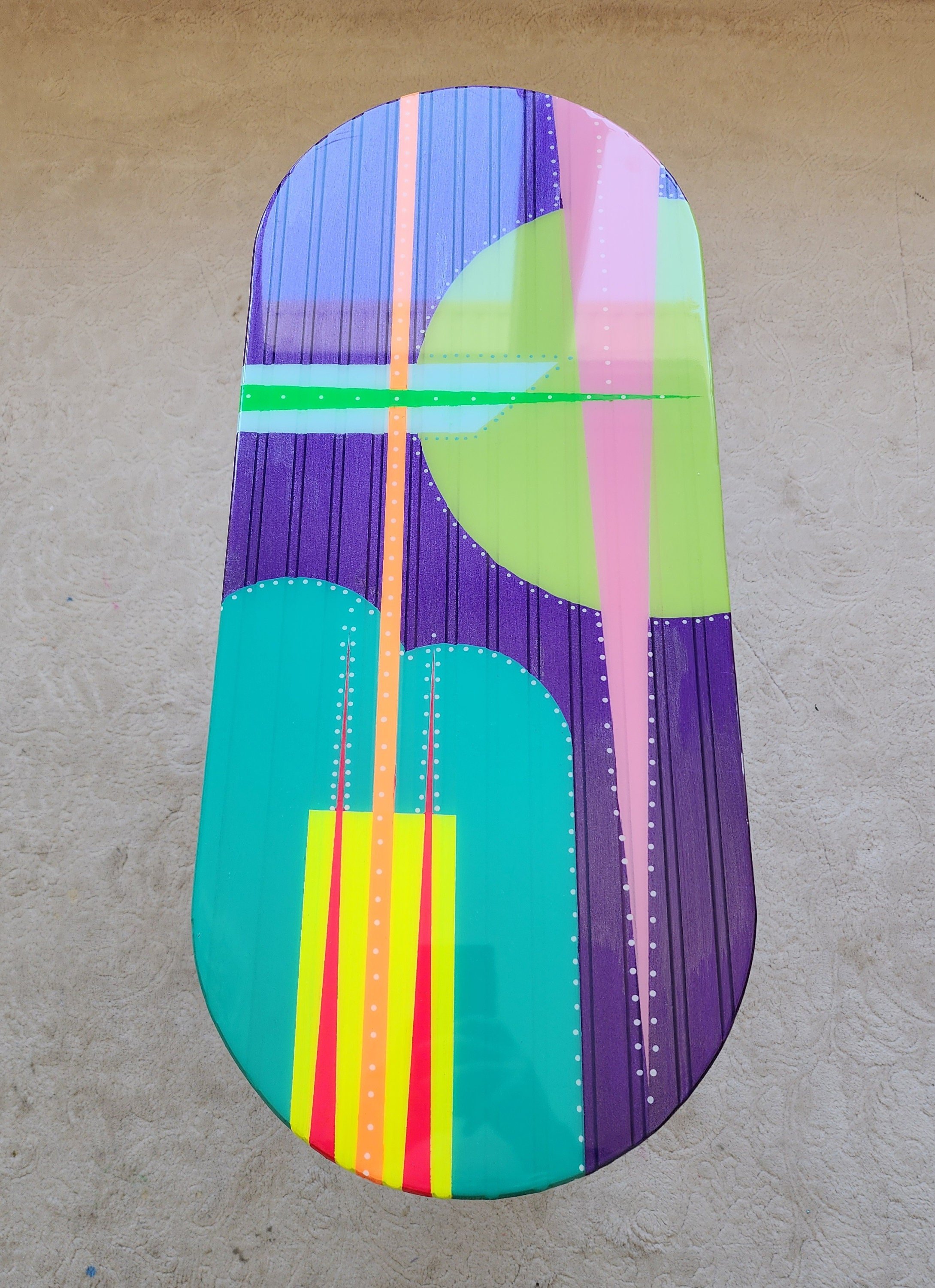 Unusual Oval Purple Funky Colorful Side Resin Coffee Table, Maximalist Eclectic Abstract Cool Neon Painted Leg Epoxy Cute Boho Pop Art Table