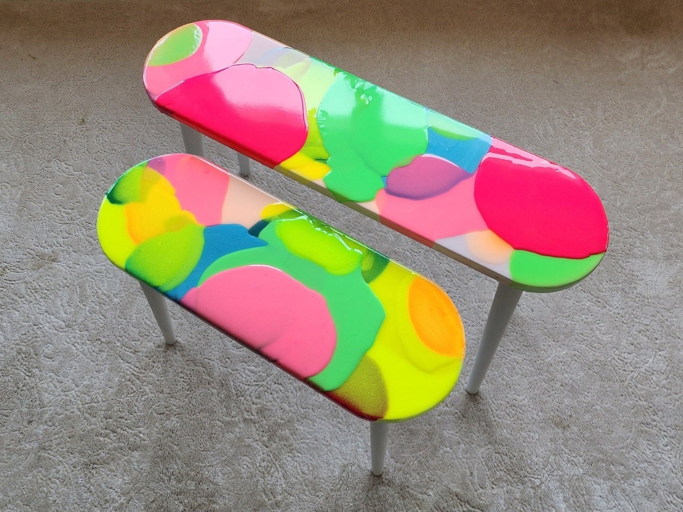 Oval Pink Funky Neon Painted 3D Abstract Resin Coffee Tables, Maximalist Eclectic  Cool Colorful Epoxy Nesting Cute Unusual Side Art Tables