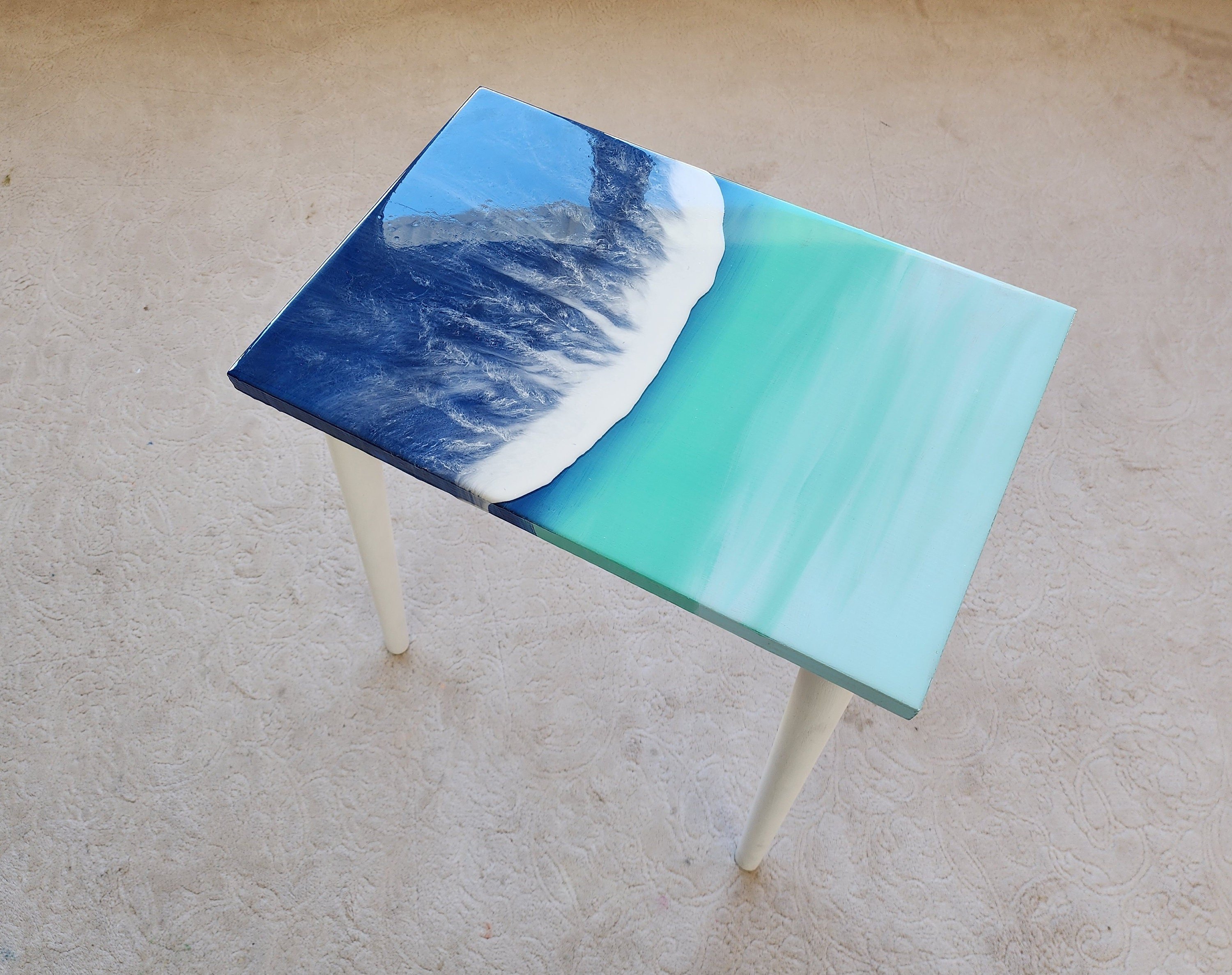 Small Natural Epoxy Resin Coastal Beach Side Coffee Table, Unique Cool Nautical Bedside Bedroom Entryway Sea House Decor Blue End  Table